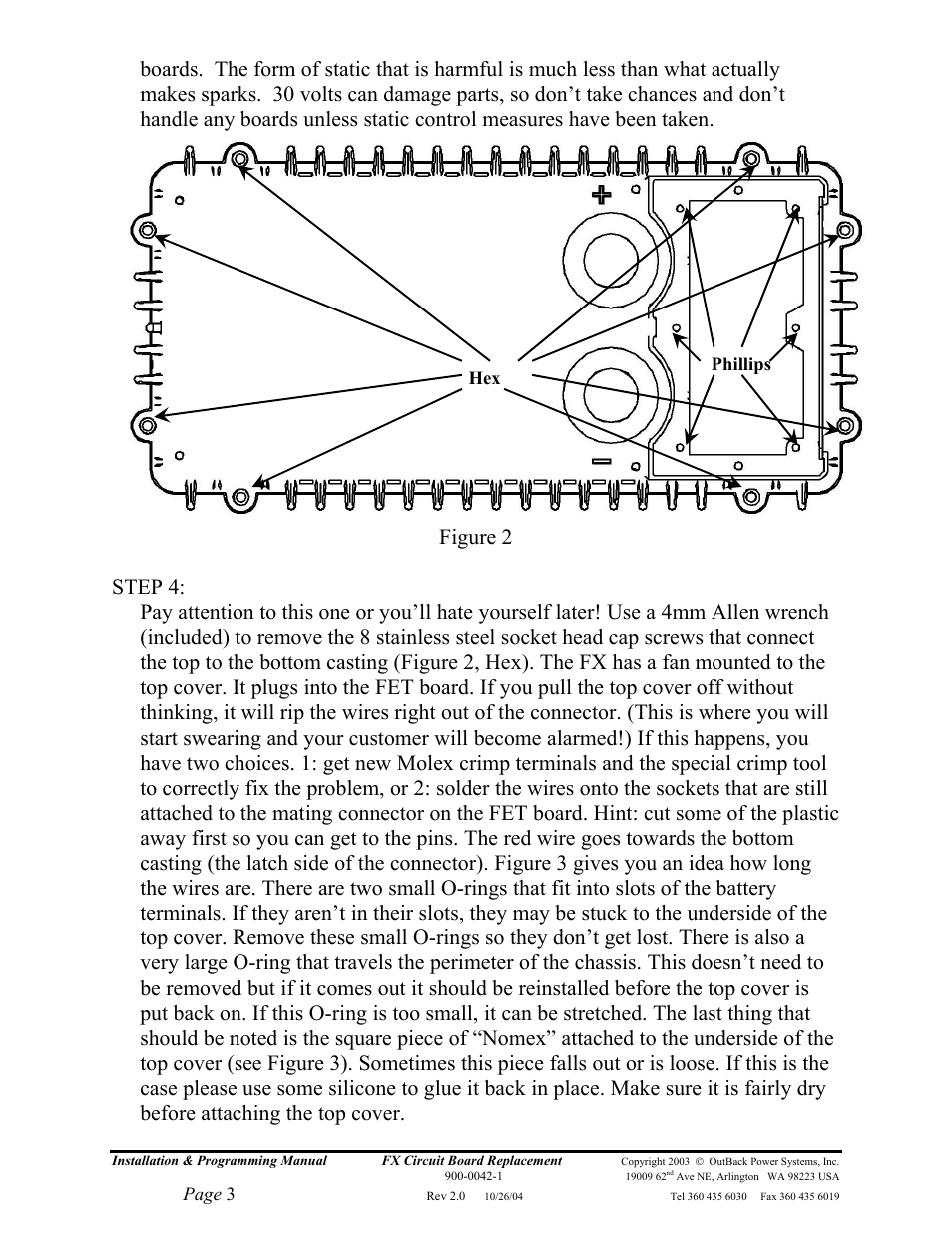 Page 3, Phillips hex | Outback Power Systems FX Series Circuit Board Replacement Instruction User Manual | Page 3 / 9