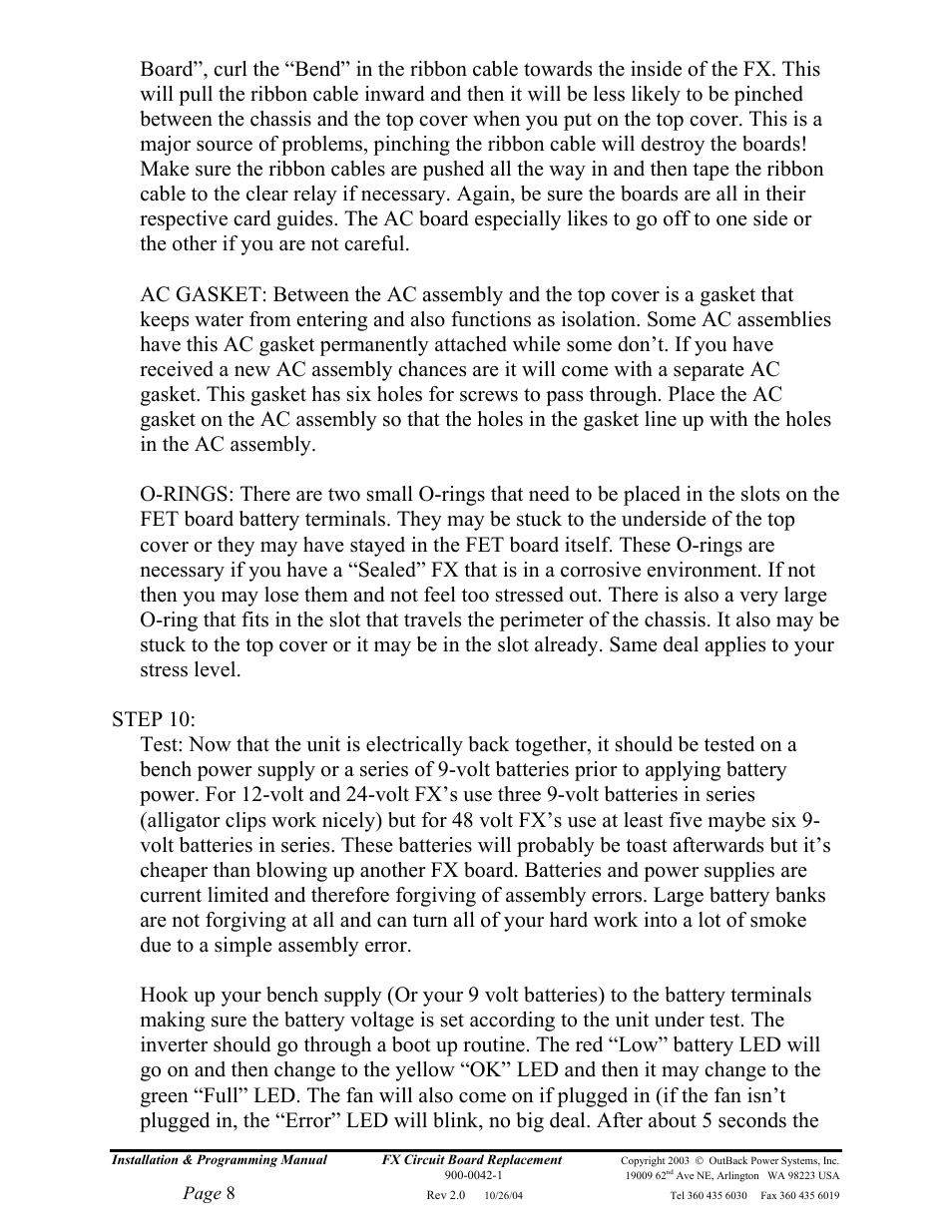 Page 8 | Outback Power Systems FX Series Circuit Board Replacement Instruction User Manual | Page 8 / 9