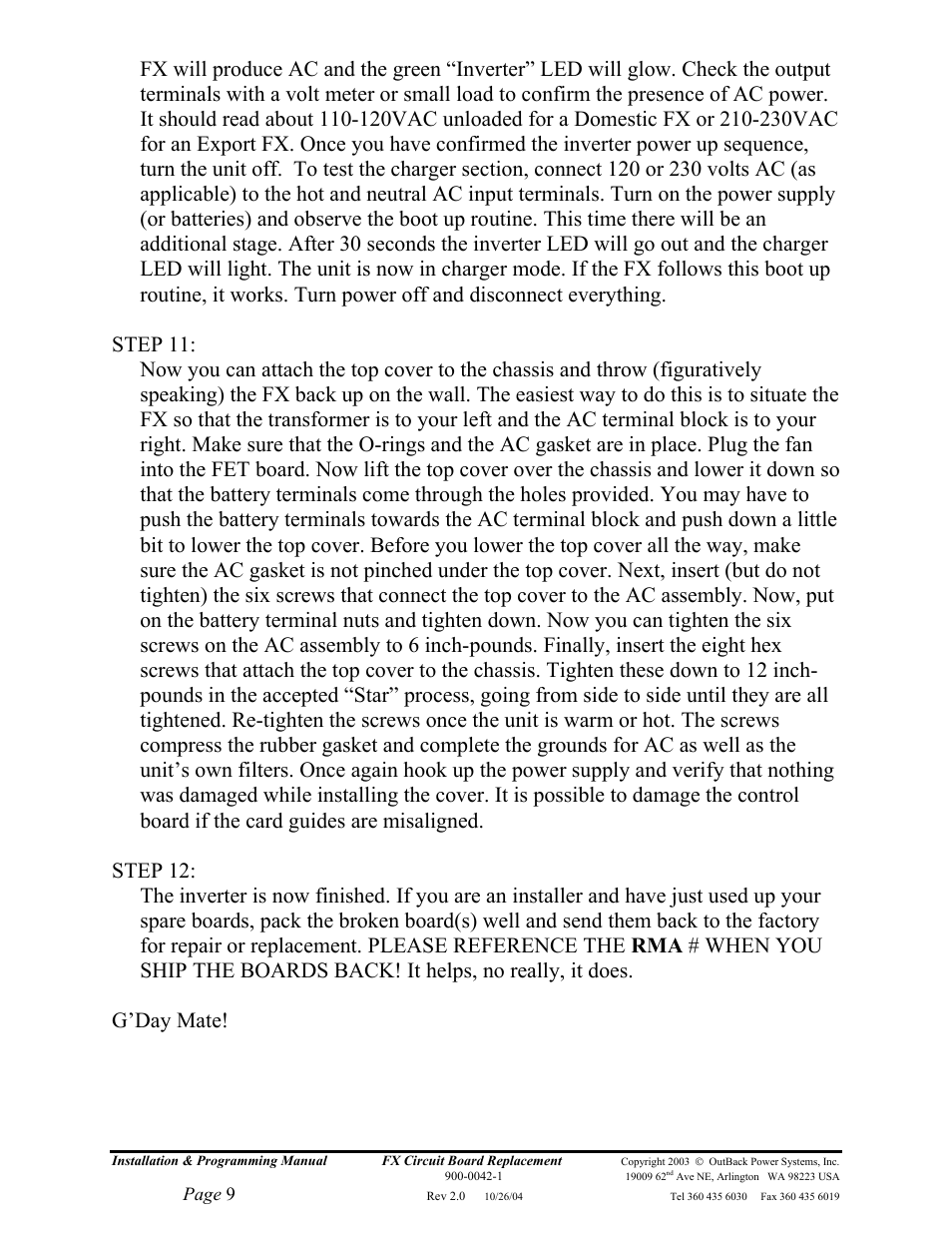 Page 9 | Outback Power Systems FX Series Circuit Board Replacement Instruction User Manual | Page 9 / 9