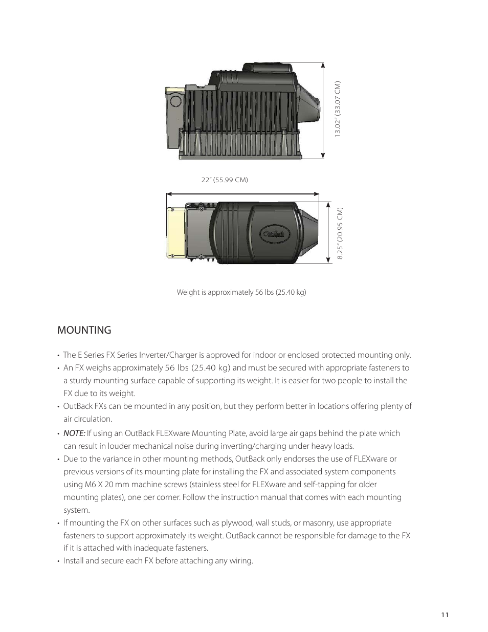 Mounting | Outback Power Systems VFX Series International Installation Manual User Manual | Page 13 / 47