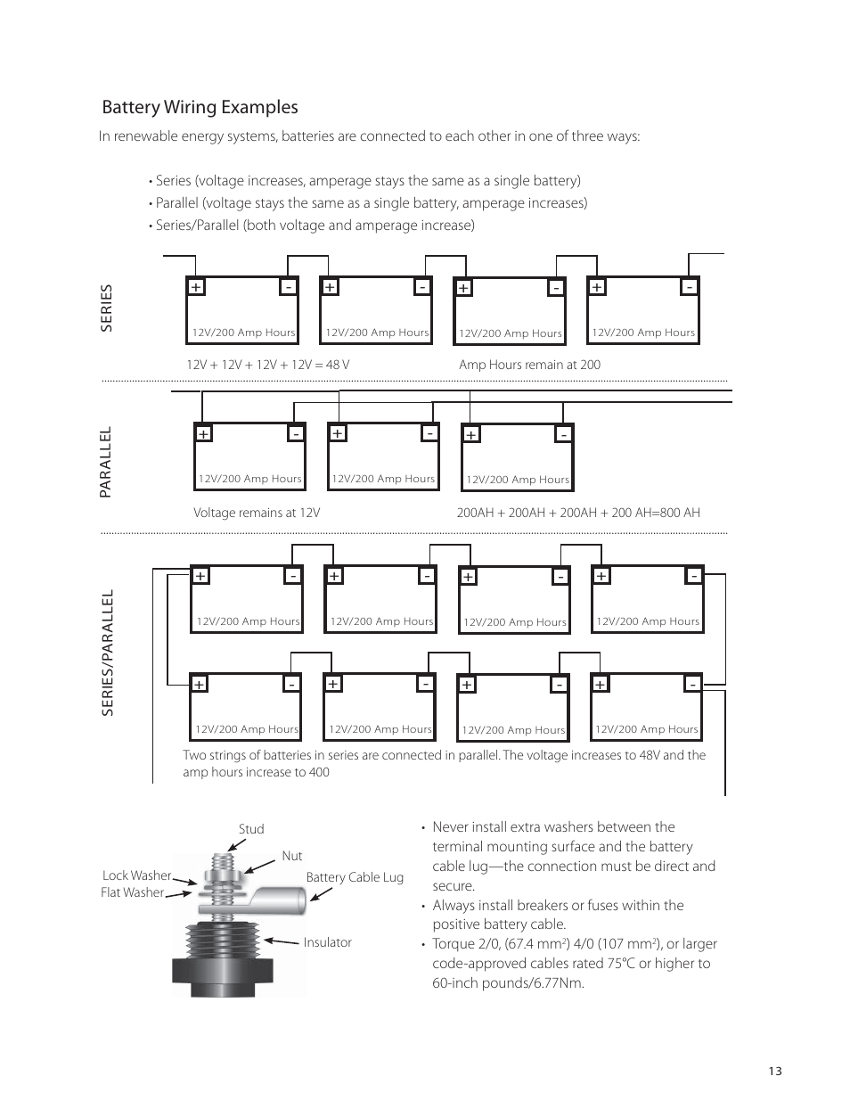 Battery wiring examples | Outback Power Systems VFX Series International Installation Manual User Manual | Page 15 / 47