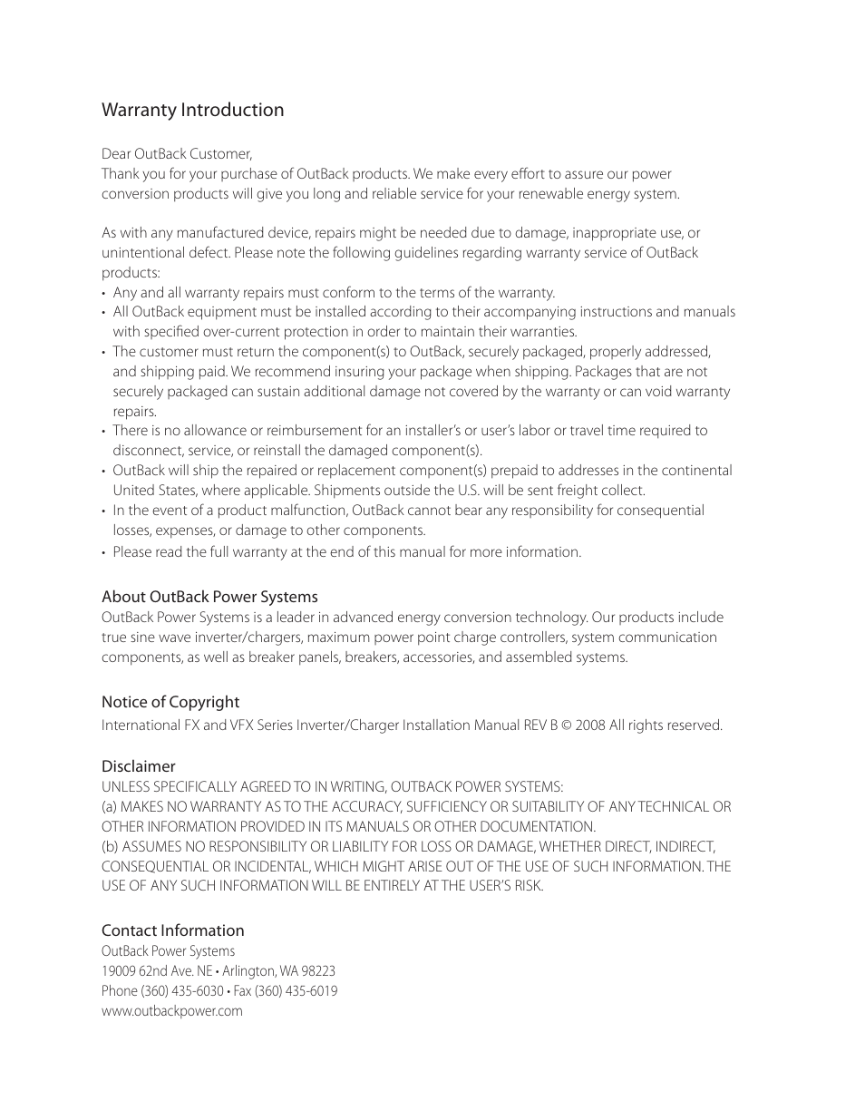 Warranty introduction | Outback Power Systems VFX Series International Installation Manual User Manual | Page 2 / 47