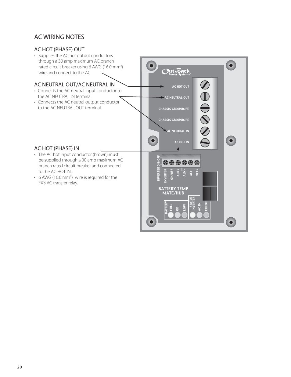 Ac hot (phase) out, Ac neutral out/ac neutral in, Ac hot (phase) in | Outback Power Systems VFX Series International Installation Manual User Manual | Page 22 / 47
