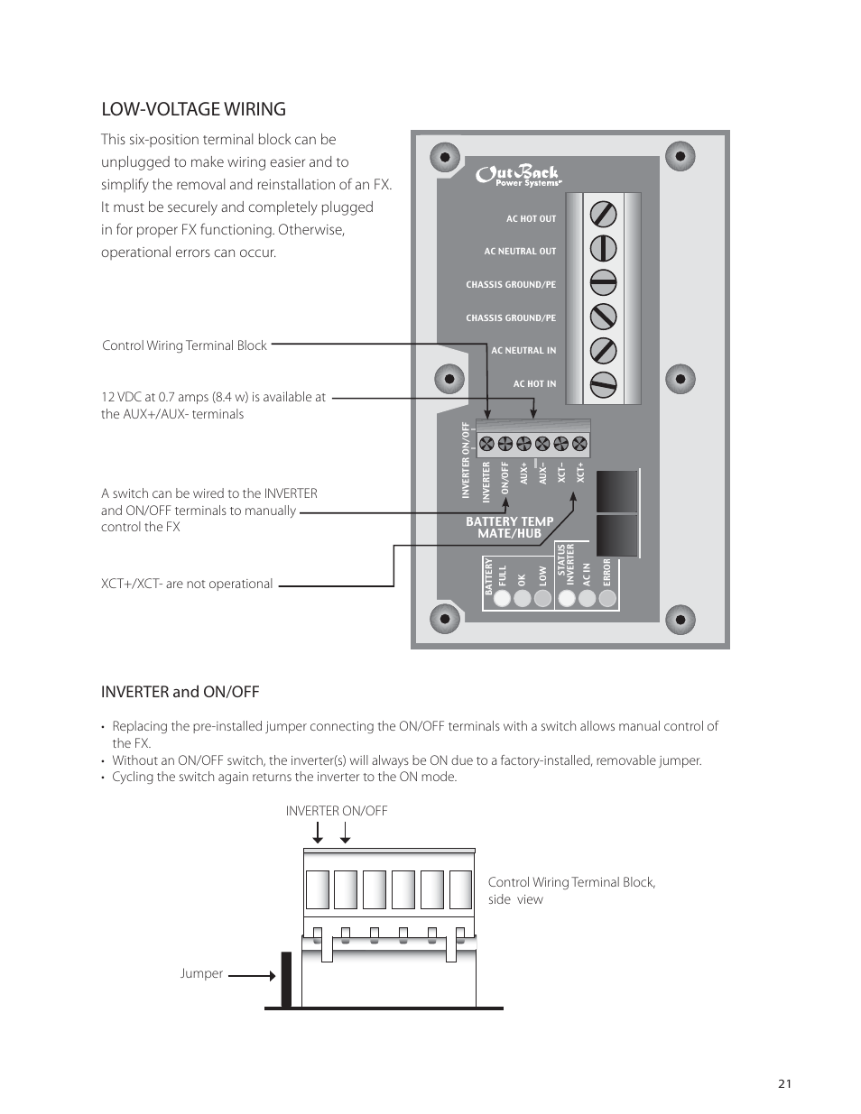 Low-voltage wiring, Inverter and on/off | Outback Power Systems VFX Series International Installation Manual User Manual | Page 23 / 47