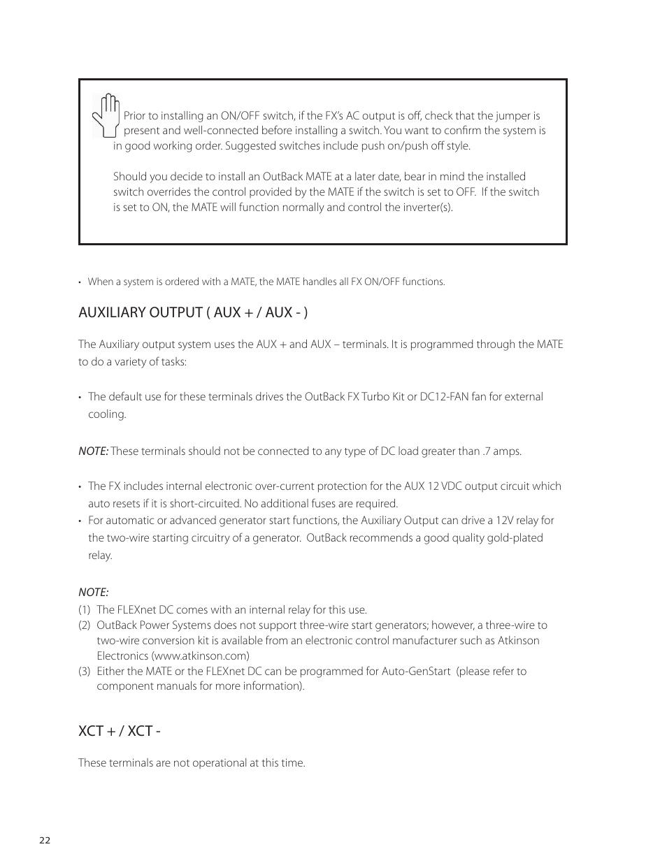 Auxiliary output ( aux + / aux - ), Xct + / xct | Outback Power Systems VFX Series International Installation Manual User Manual | Page 24 / 47