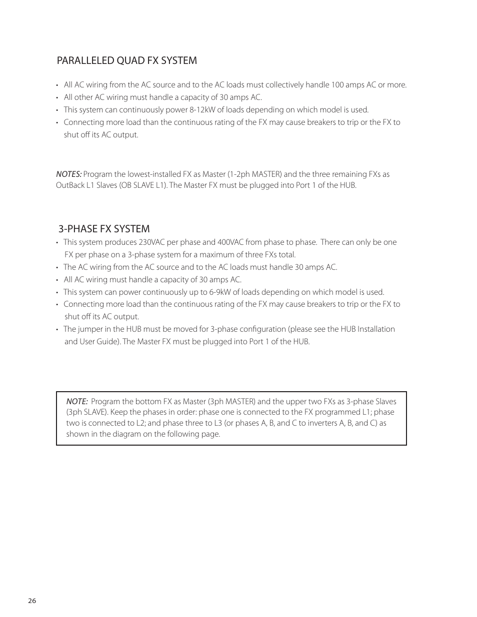 Paralleled quad fx system, Phase fx system | Outback Power Systems VFX Series International Installation Manual User Manual | Page 28 / 47