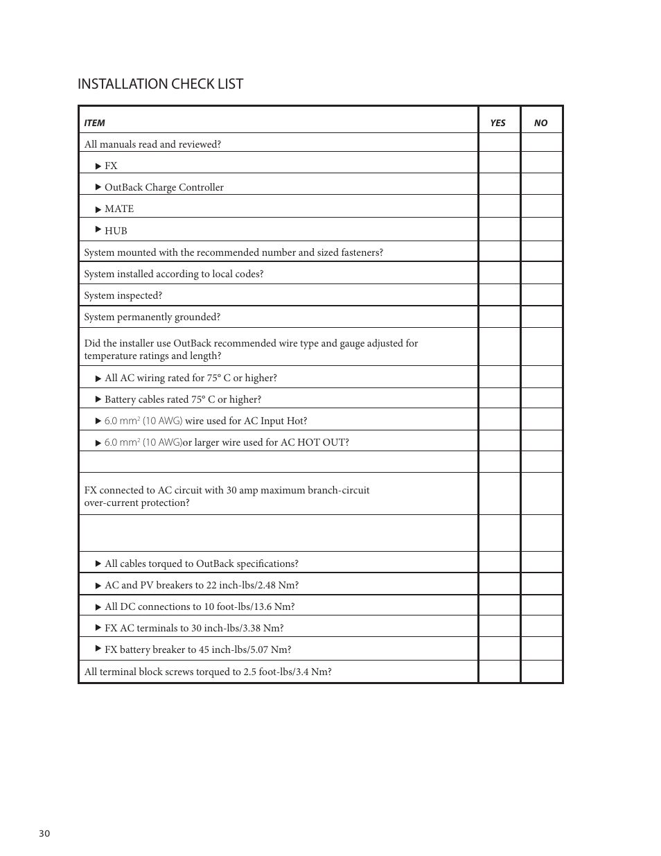 Installation check list | Outback Power Systems VFX Series International Installation Manual User Manual | Page 32 / 47