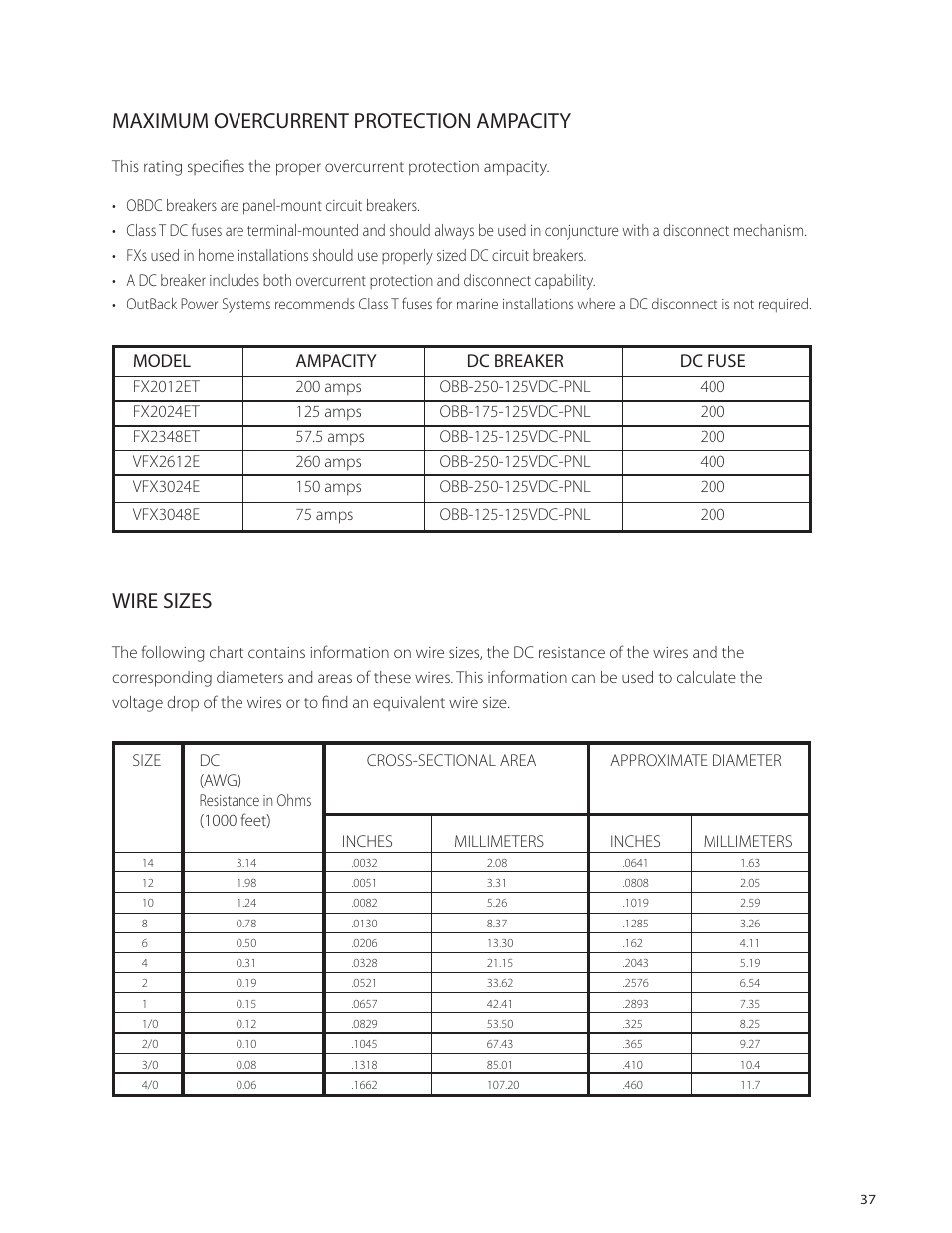 Wire sizes, Maximum overcurrent protection ampacity | Outback Power Systems VFX Series International Installation Manual User Manual | Page 39 / 47