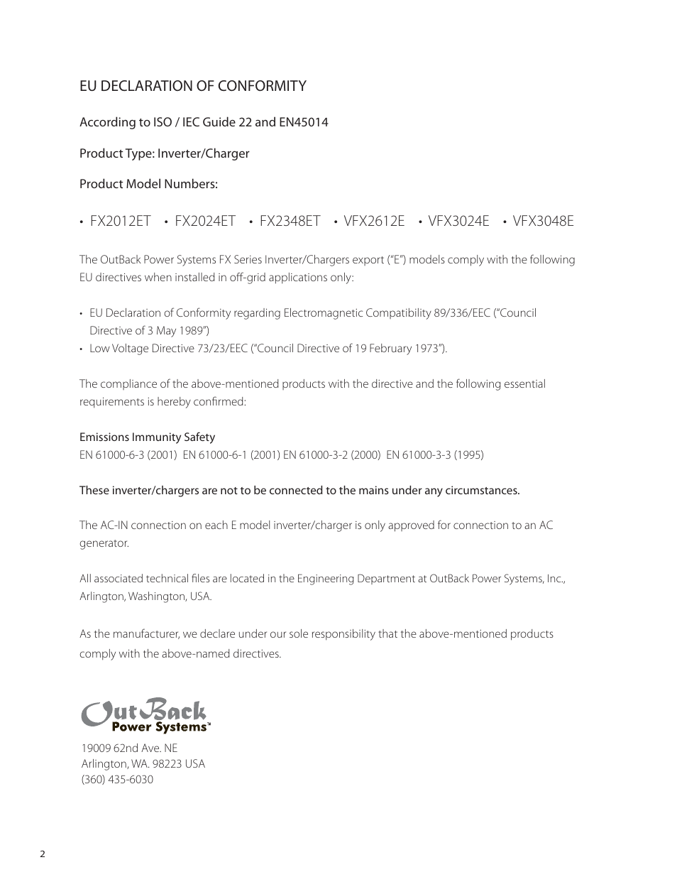 Eu declaration of conformity | Outback Power Systems VFX Series International Installation Manual User Manual | Page 4 / 47