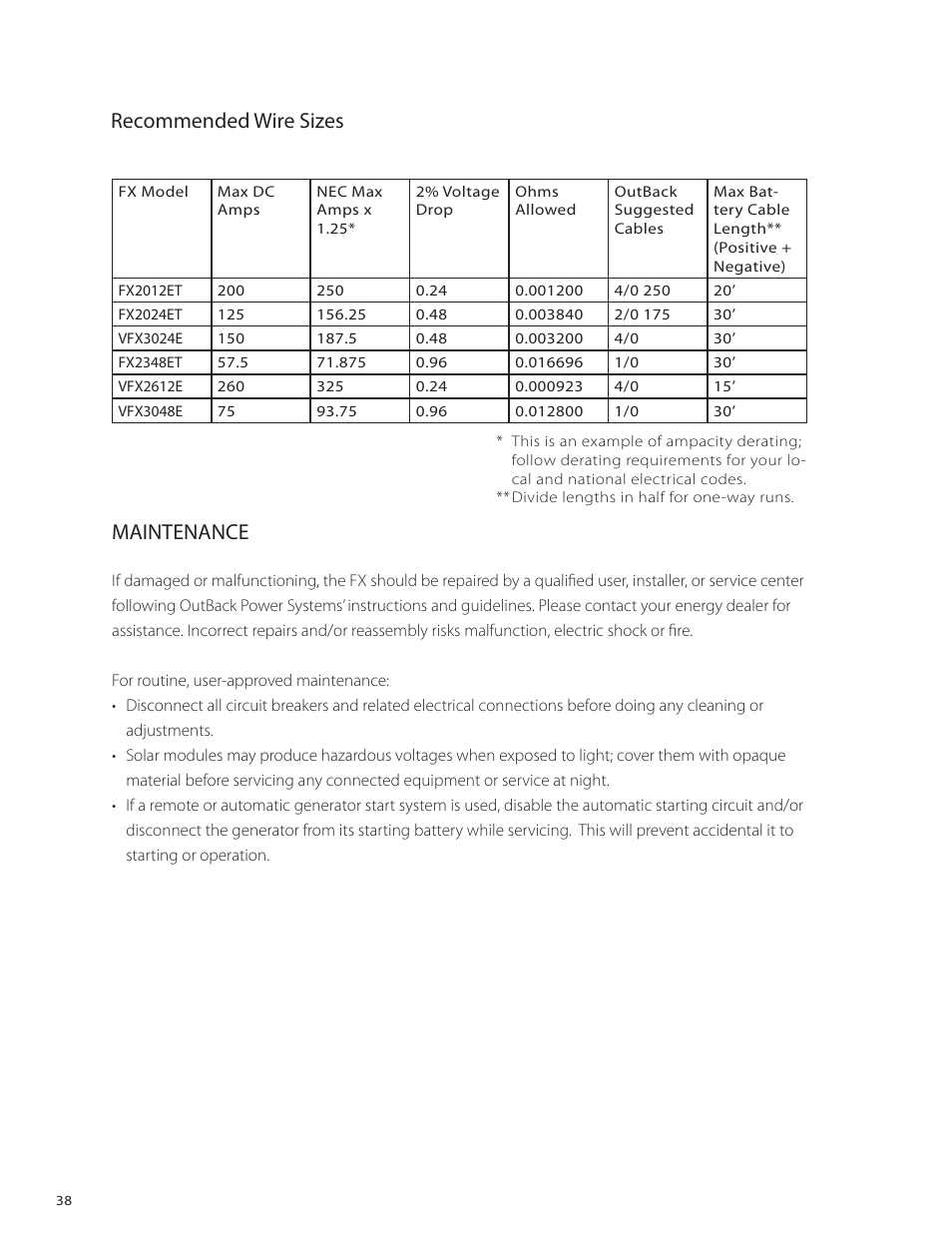 Recommended wire sizes, Maintenance | Outback Power Systems VFX Series International Installation Manual User Manual | Page 40 / 47