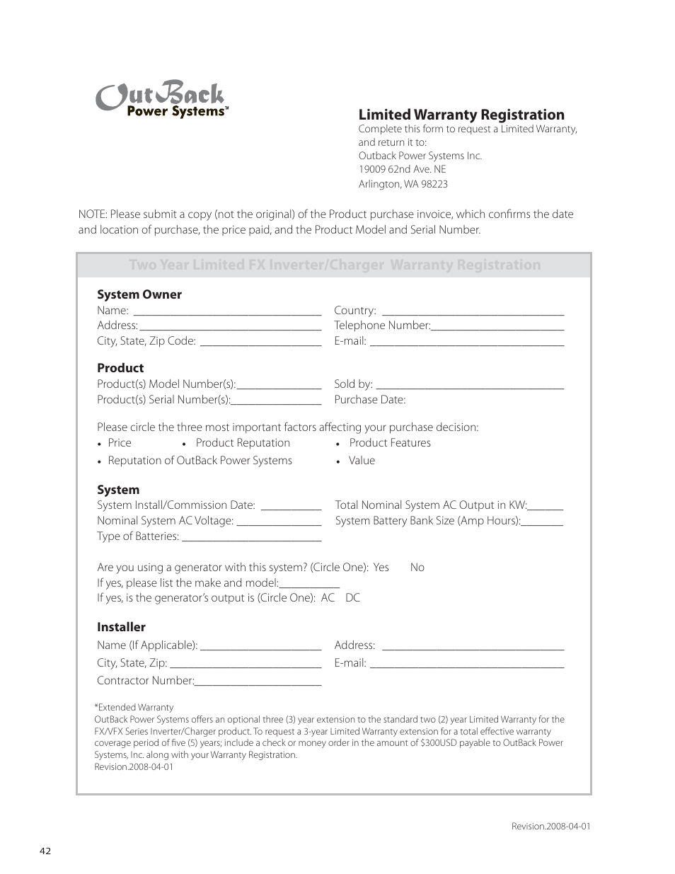 Limited warranty registration | Outback Power Systems VFX Series International Installation Manual User Manual | Page 44 / 47