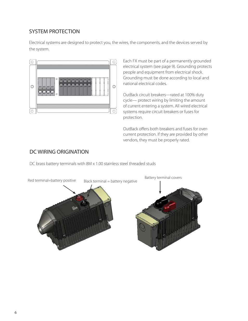 Dc wiring origination, System protection | Outback Power Systems VFX Series International Installation Manual User Manual | Page 8 / 47
