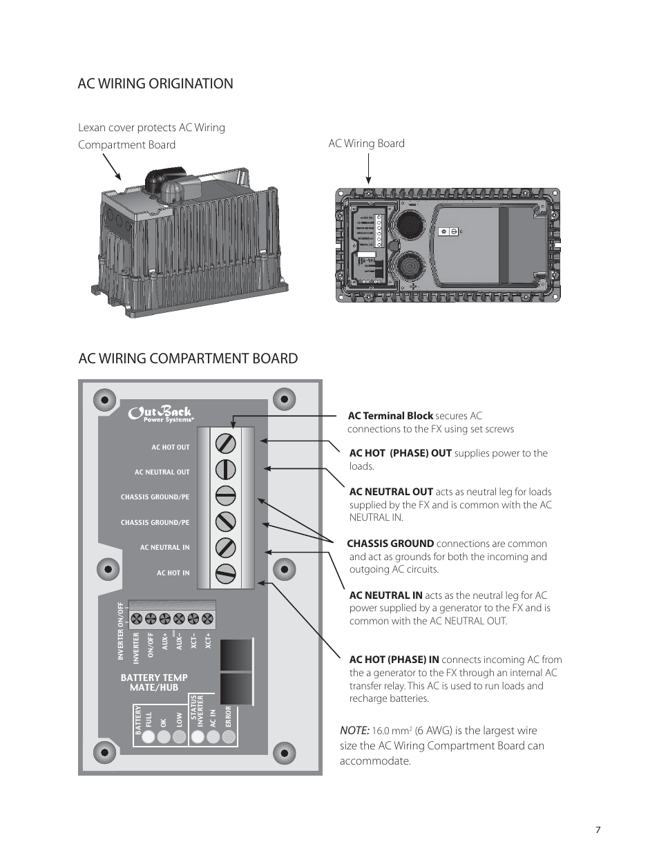 Ac wiring origination, Ac wiring compartment board, Lexan cover protects ac wiring compartment board | Ac wiring board | Outback Power Systems VFX Series International Installation Manual User Manual | Page 9 / 47