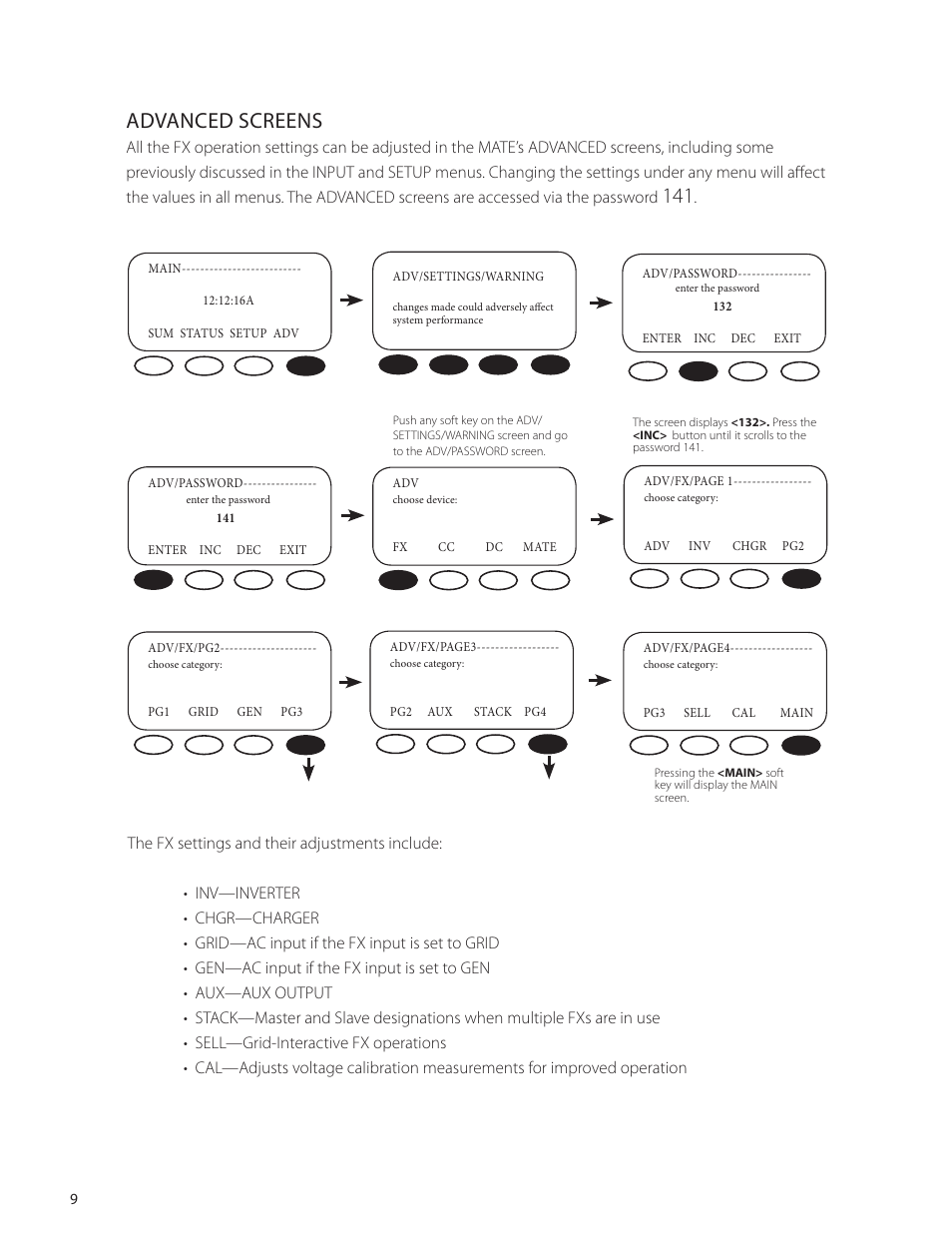 Advanced screens | Outback Power Systems VFX Series International Programming Manual User Manual | Page 10 / 56