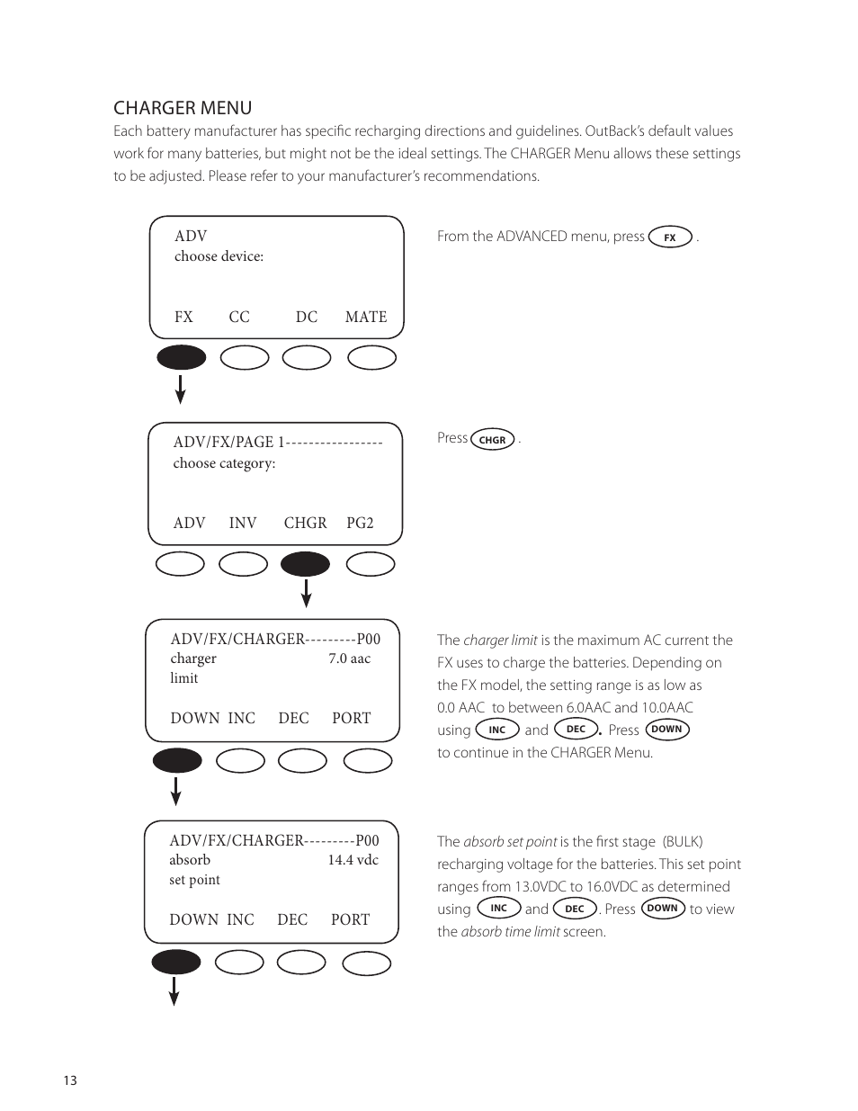 Charger menu | Outback Power Systems VFX Series International Programming Manual User Manual | Page 14 / 56