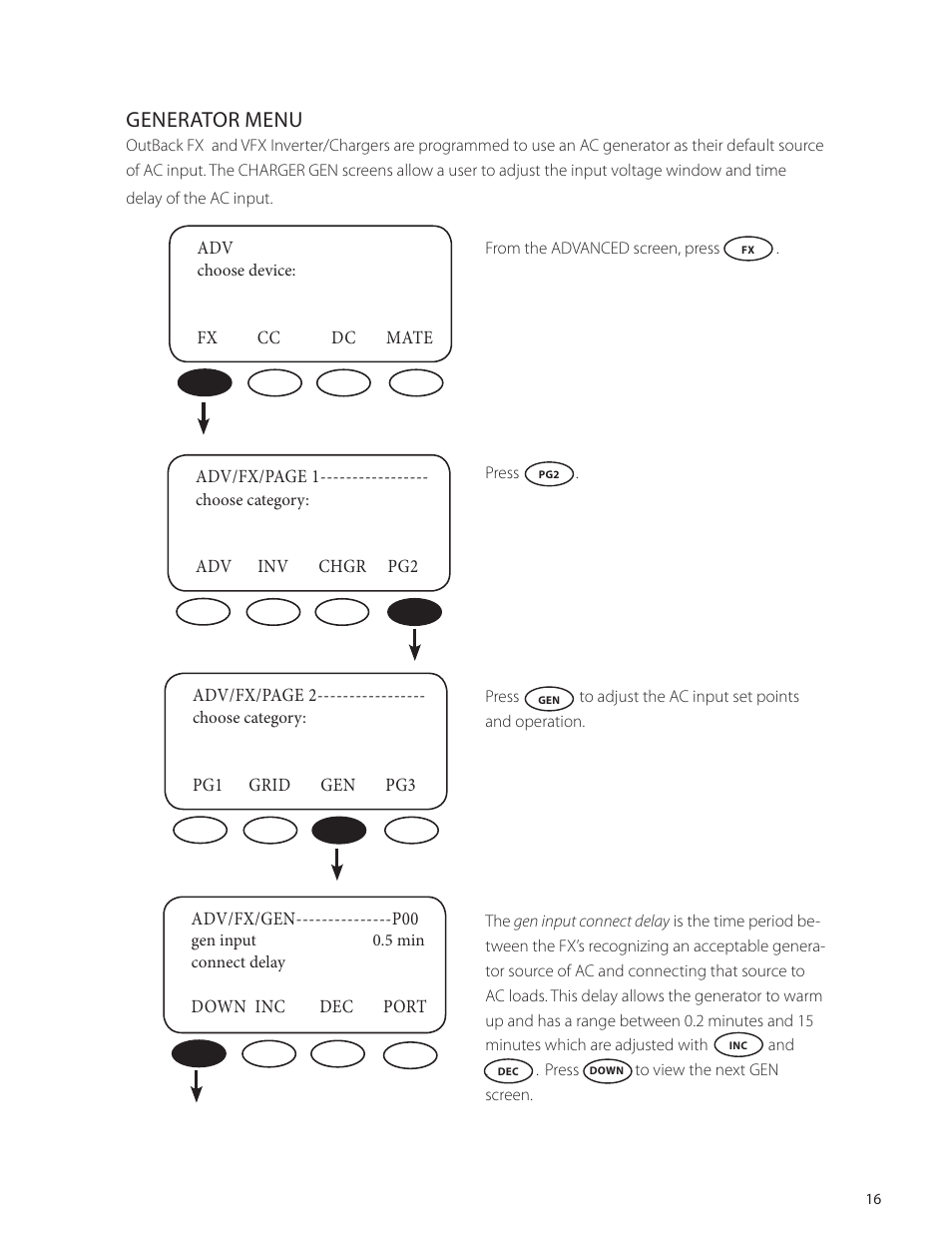 Generator menu | Outback Power Systems VFX Series International Programming Manual User Manual | Page 17 / 56