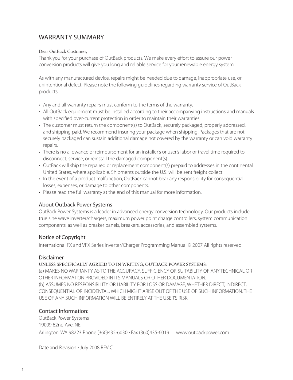 Warranty summary | Outback Power Systems VFX Series International Programming Manual User Manual | Page 2 / 56