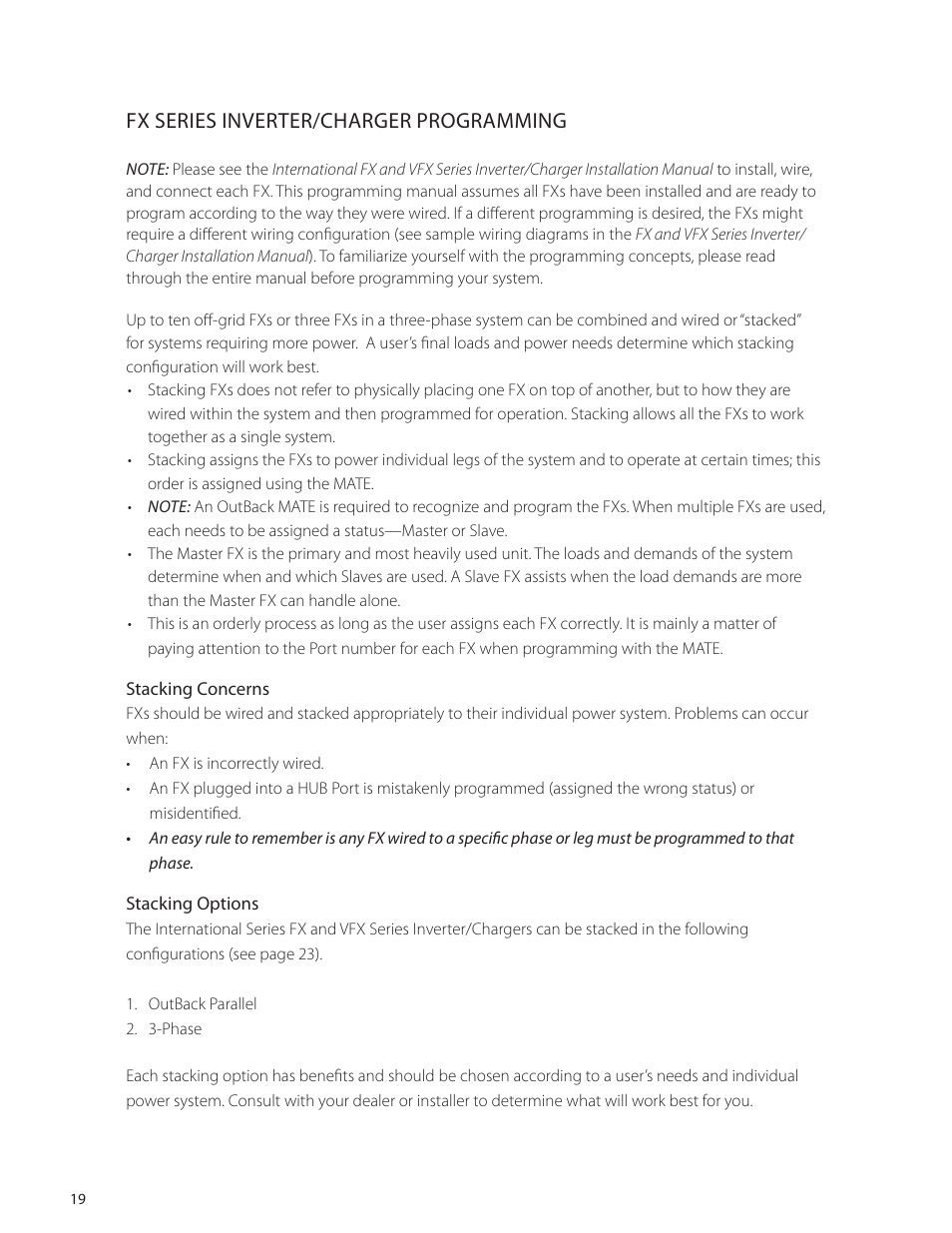 Fx series inverter/charger programming | Outback Power Systems VFX Series International Programming Manual User Manual | Page 20 / 56