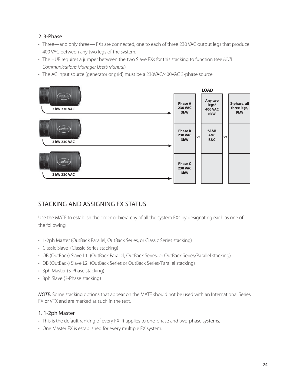 Stacking and assigning fx status, 3-phase, 1-2ph master | Outback Power Systems VFX Series International Programming Manual User Manual | Page 25 / 56