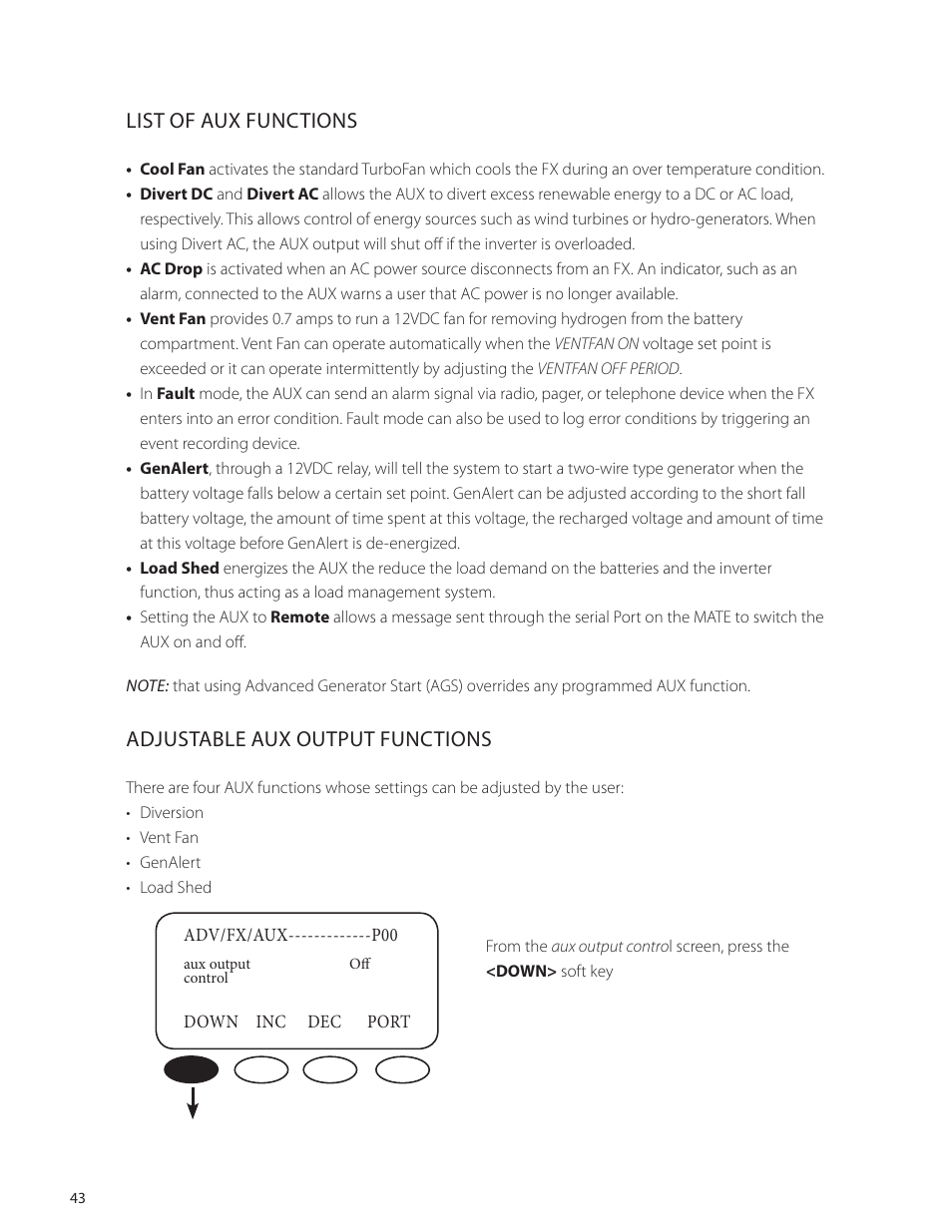 List of aux functions, Adjustable aux output functions | Outback Power Systems VFX Series International Programming Manual User Manual | Page 44 / 56
