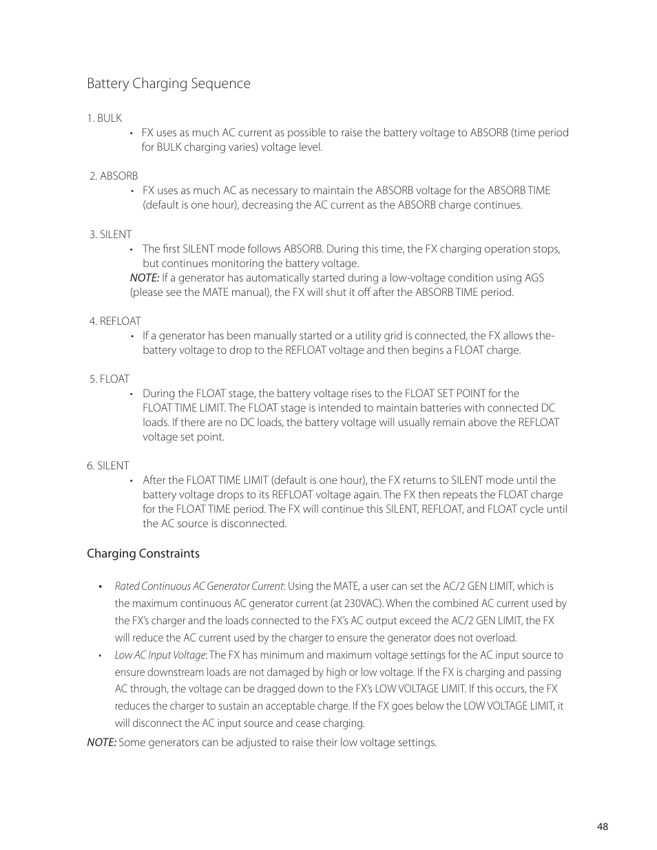 Battery charging sequence | Outback Power Systems VFX Series International Programming Manual User Manual | Page 49 / 56