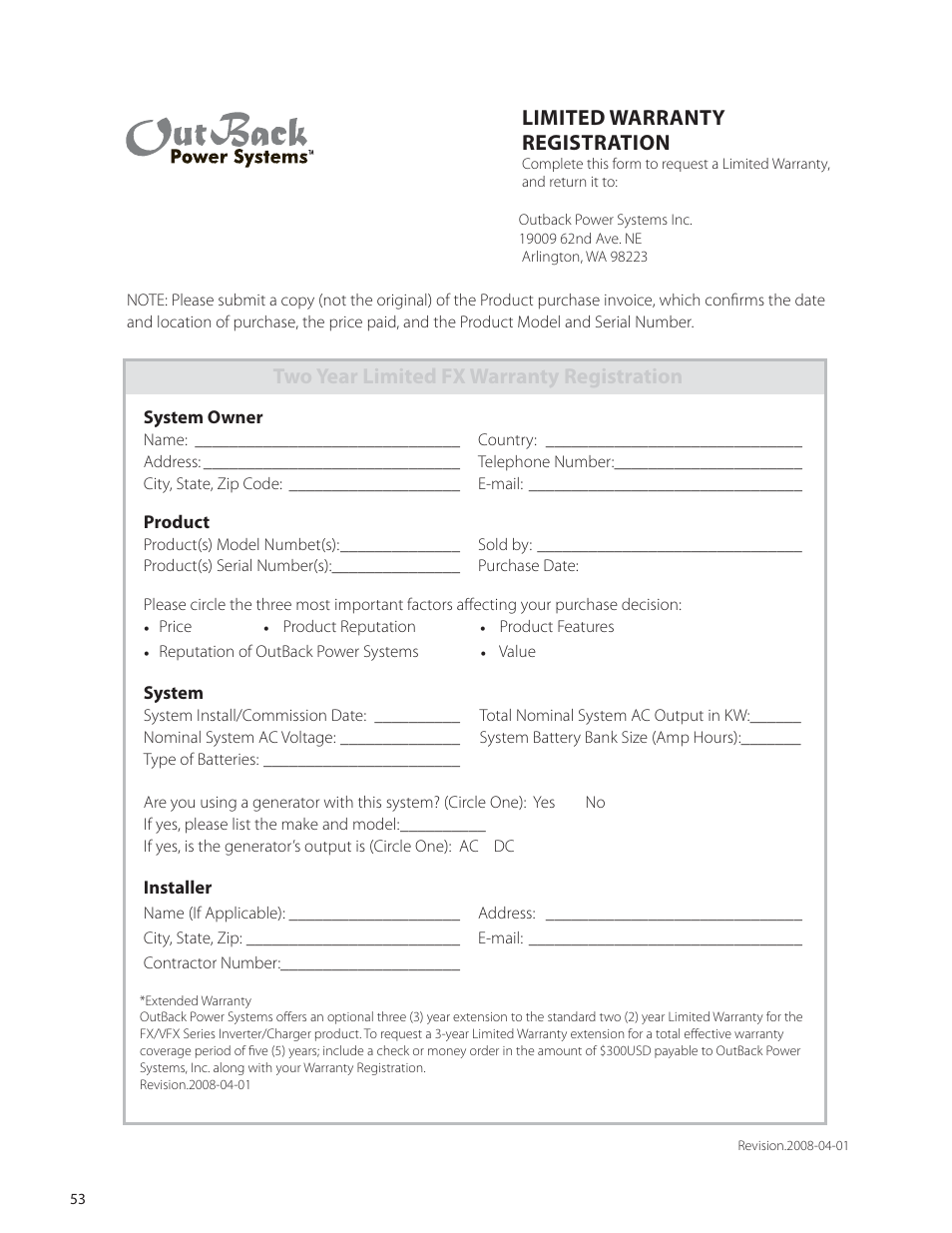 Limited warranty registration, Two year limited fx warranty registration | Outback Power Systems VFX Series International Programming Manual User Manual | Page 54 / 56