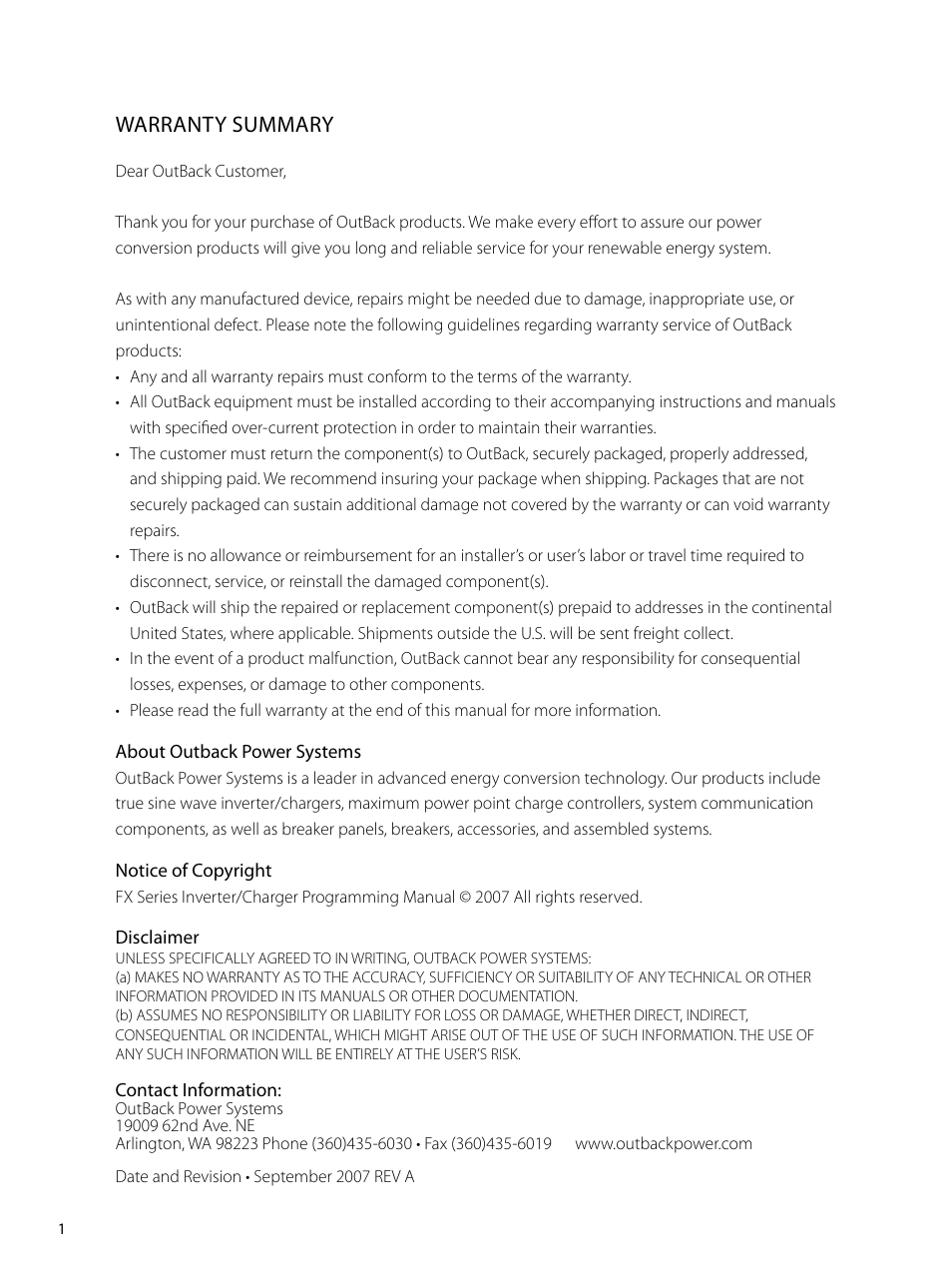 Warranty summary | Outback Power Systems GVFX Series Inverter/Charger Programing Manual User Manual | Page 2 / 32