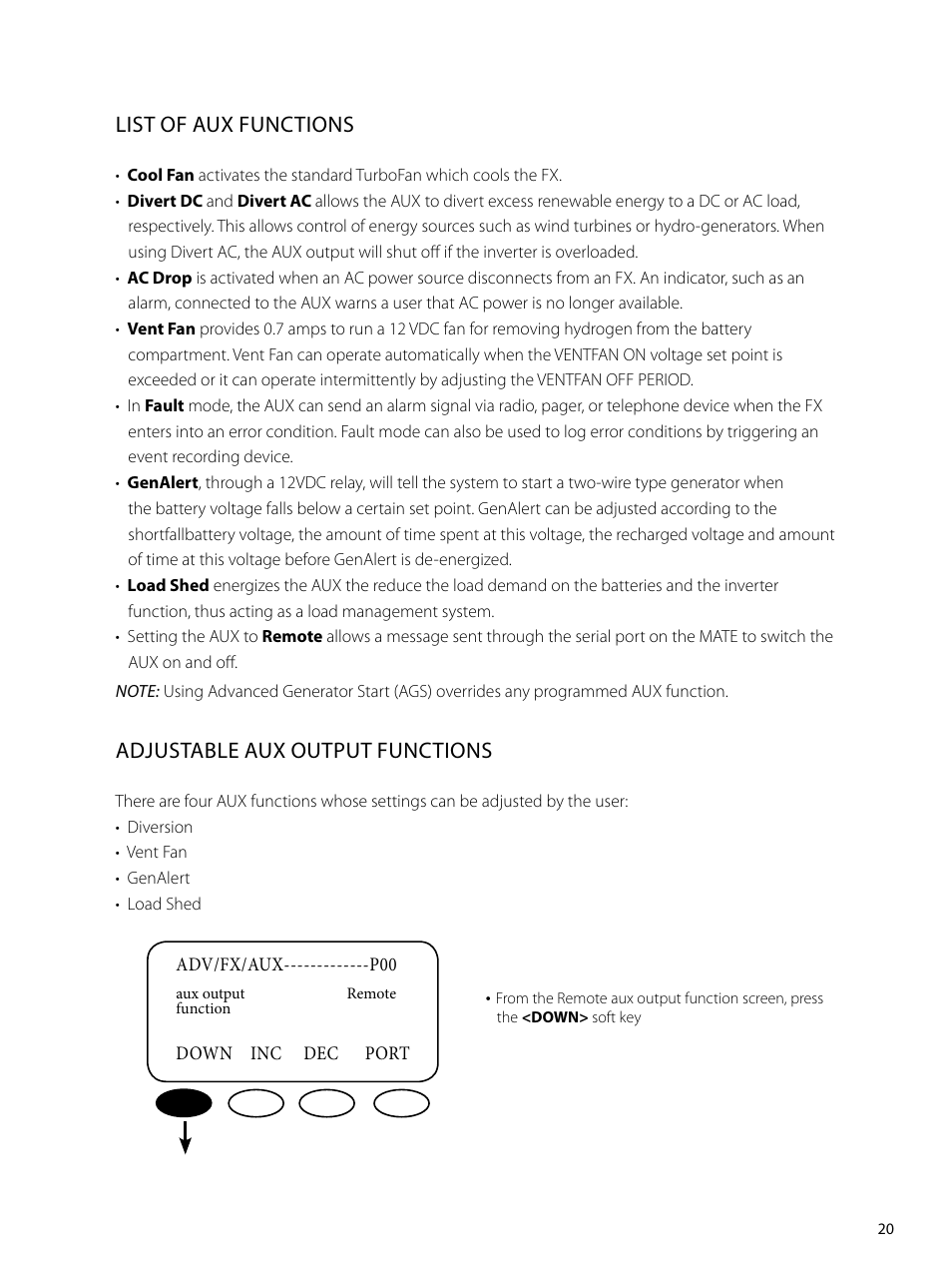 List of aux functions, Adjustable aux output functions | Outback Power Systems GVFX Series Inverter/Charger Programing Manual User Manual | Page 21 / 32