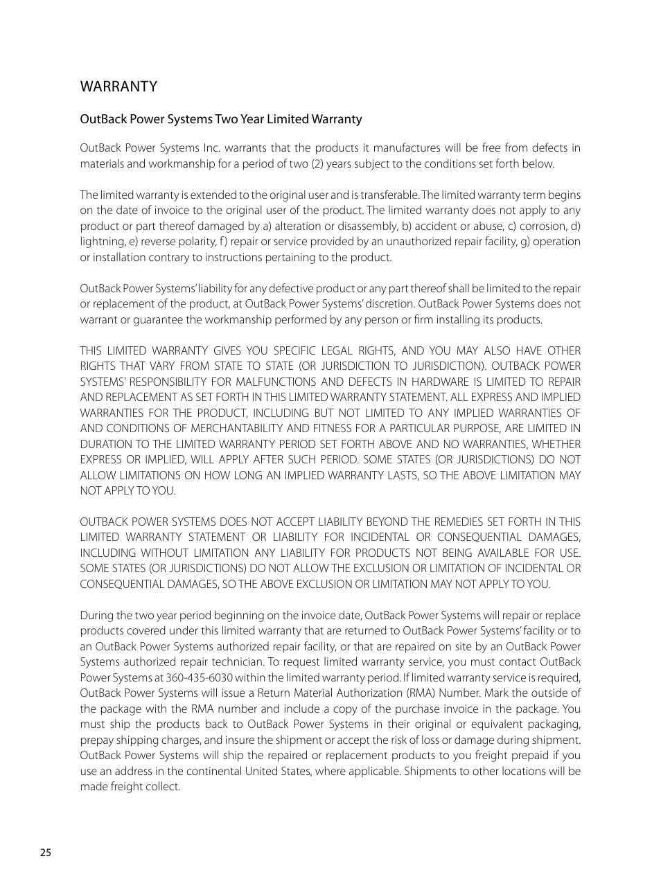 Warranty | Outback Power Systems GVFX Series Inverter/Charger Programing Manual User Manual | Page 26 / 32