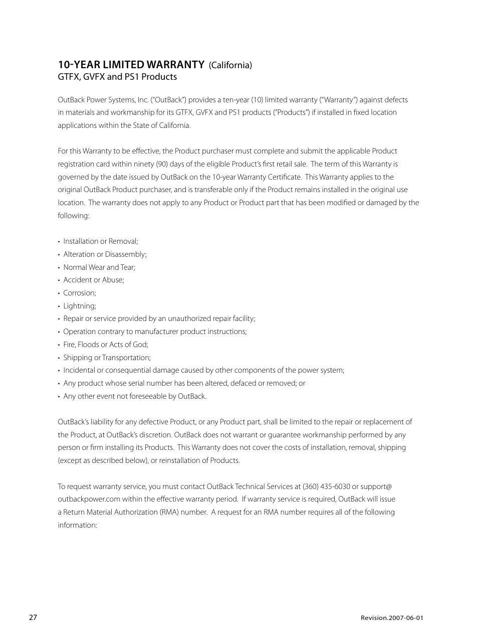 Year limited warranty | Outback Power Systems GVFX Series Inverter/Charger Programing Manual User Manual | Page 28 / 32