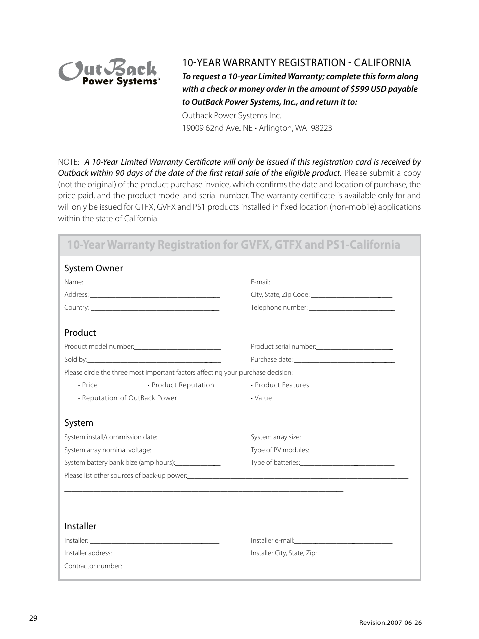 Year warranty registration - california, System owner, Product | System, Installer | Outback Power Systems GVFX Series Inverter/Charger Programing Manual User Manual | Page 30 / 32