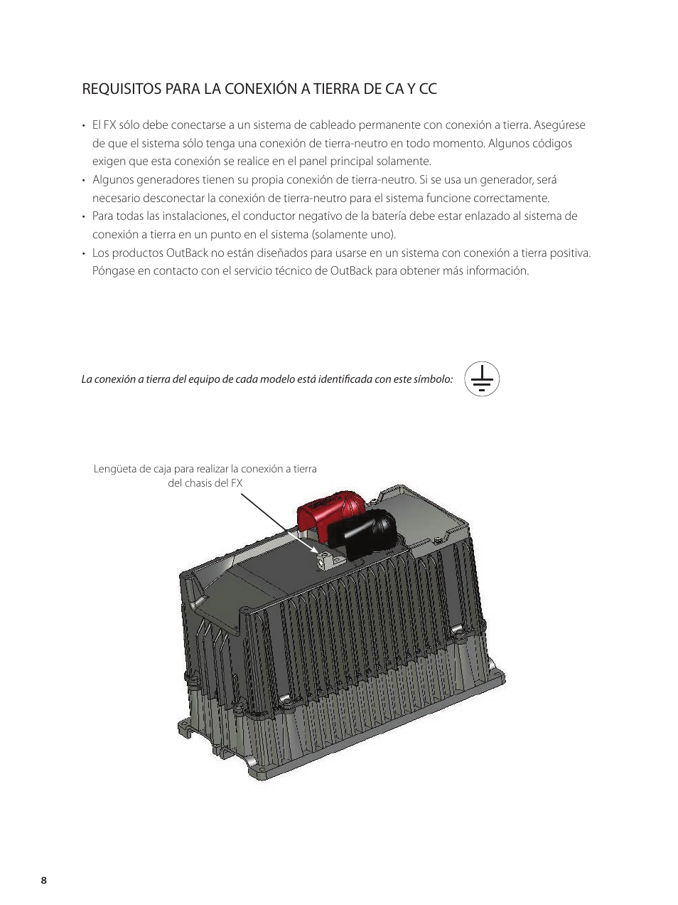 Requisitos para la conexión a tierra de ca y cc | Outback Power Systems GVFX Series Inverter/Charger Installation Manual User Manual | Page 10 / 88