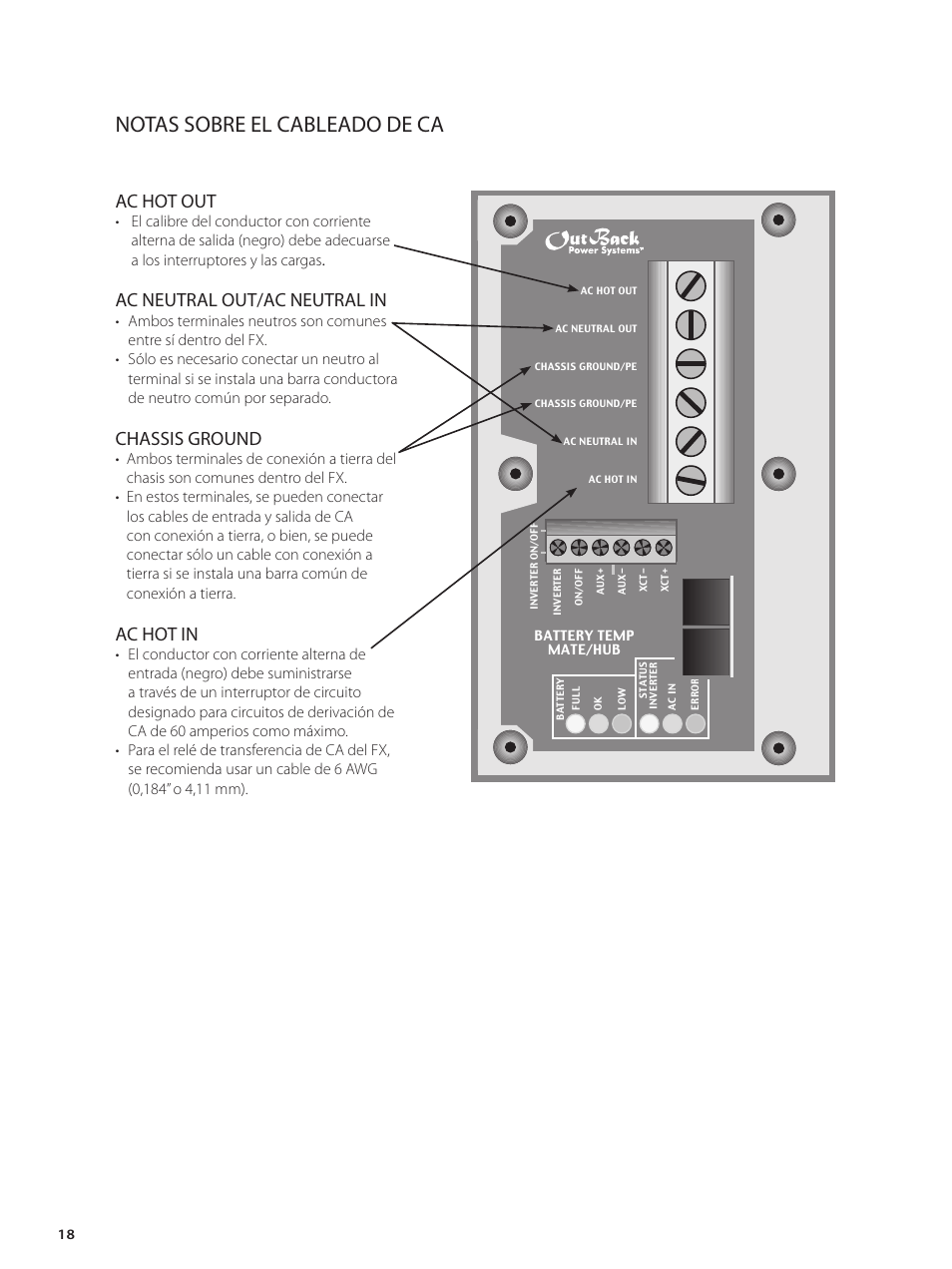 Notas sobre el cableado de ca, Ac hot out, Ac neutral out/ac neutral in | Chassis ground, Ac hot in | Outback Power Systems GVFX Series Inverter/Charger Installation Manual User Manual | Page 20 / 88