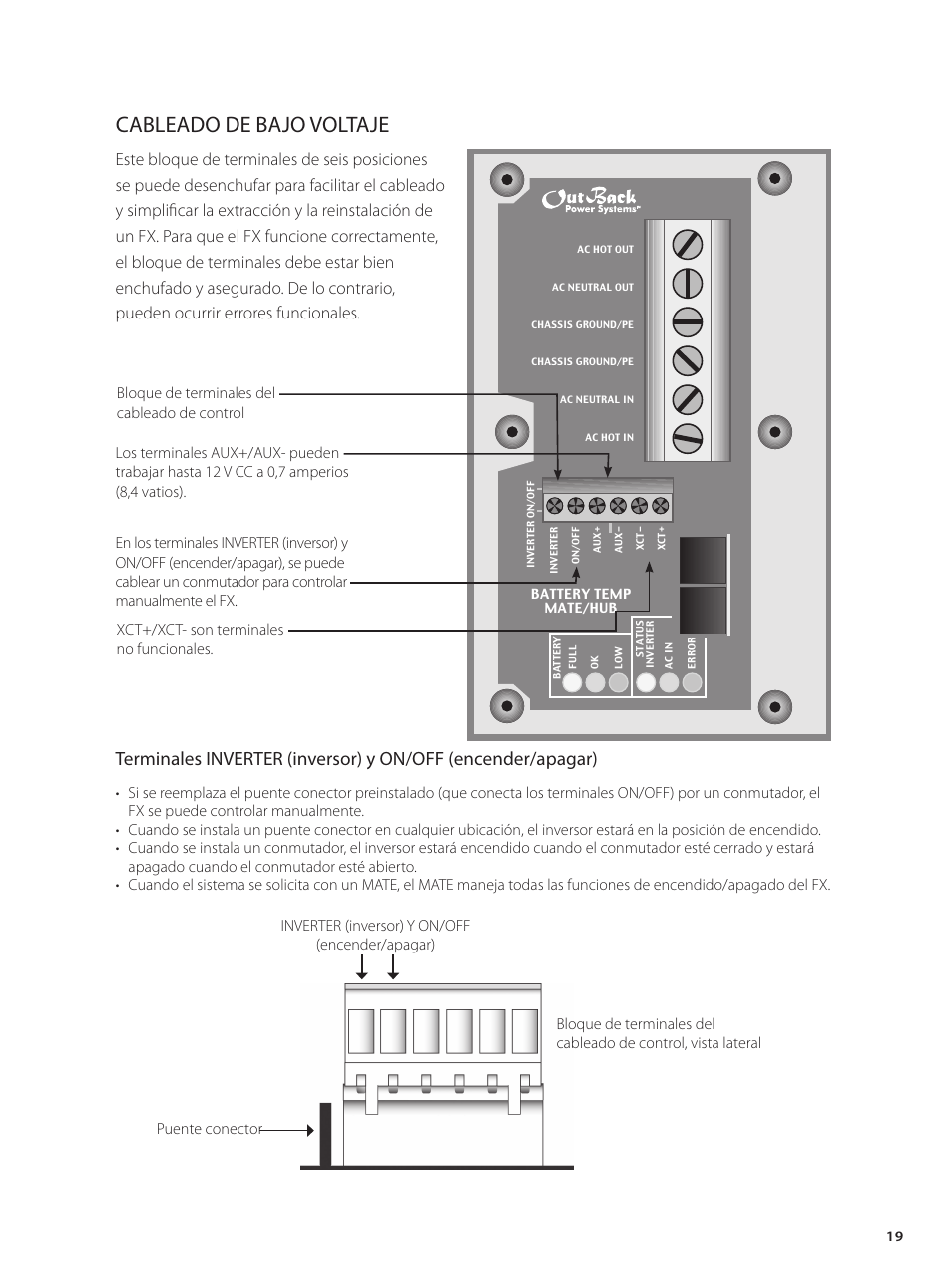 Cableado de bajo voltaje, Bloque de terminales del cableado de control | Outback Power Systems GVFX Series Inverter/Charger Installation Manual User Manual | Page 21 / 88