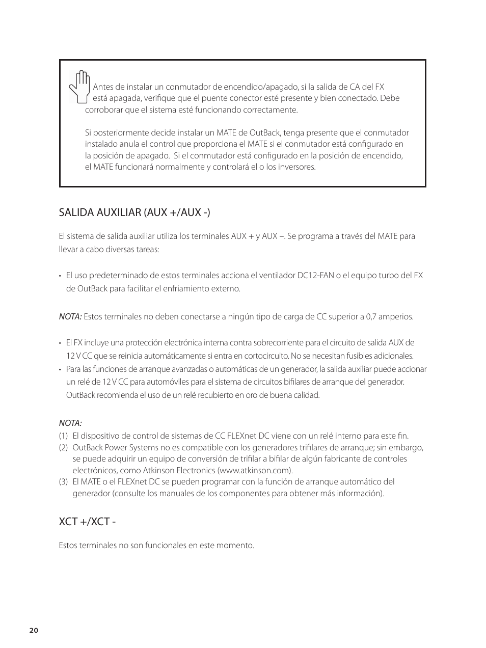 Salida auxiliar (aux +/aux -), Xct +/xct | Outback Power Systems GVFX Series Inverter/Charger Installation Manual User Manual | Page 22 / 88