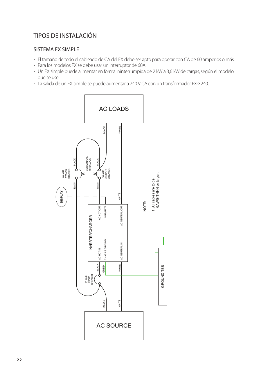 Tipos de instalación, Sistema fx simple, Ac source ac loads | Outback Power Systems GVFX Series Inverter/Charger Installation Manual User Manual | Page 24 / 88