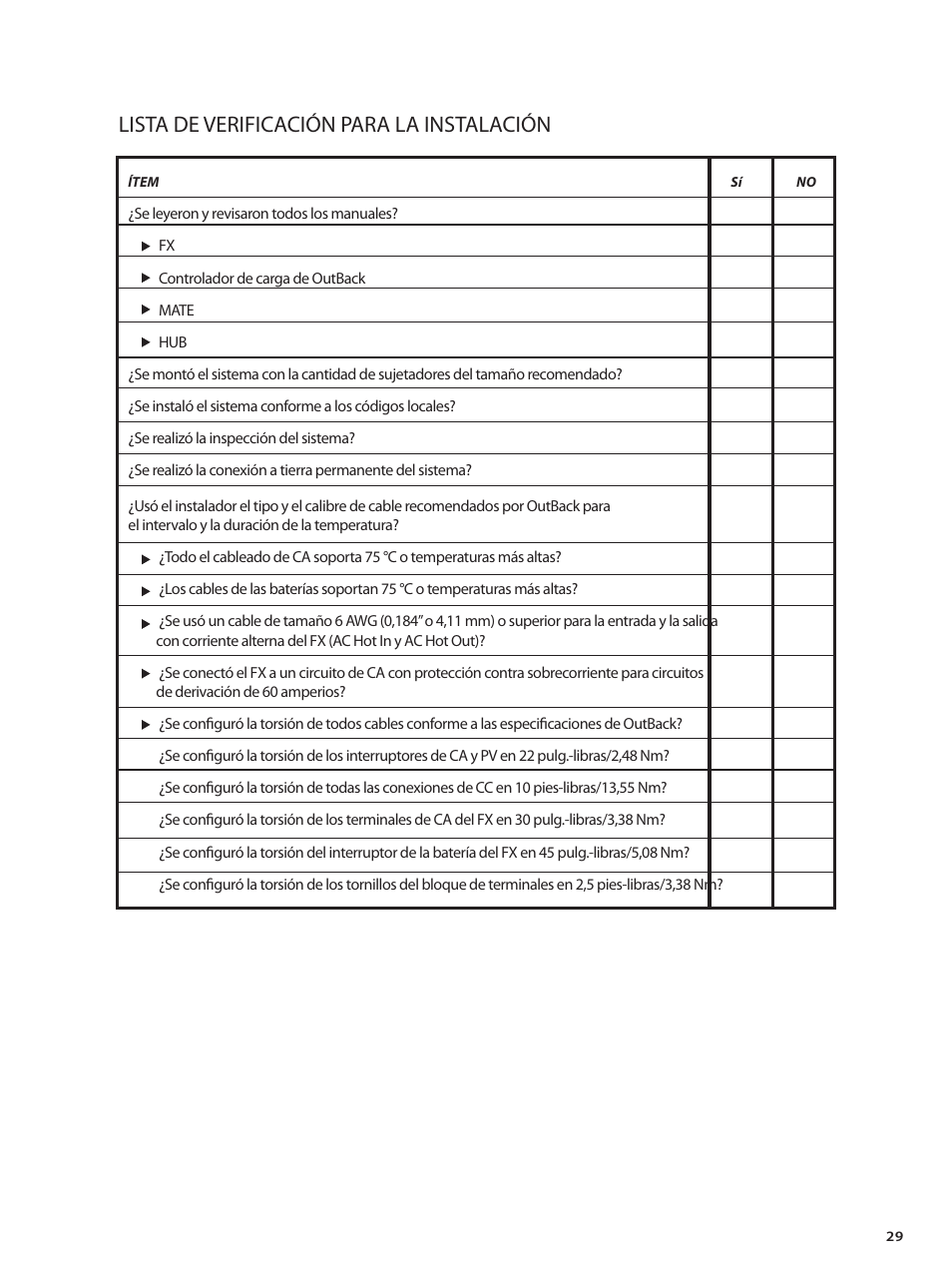 Lista de verificación para la instalación | Outback Power Systems GVFX Series Inverter/Charger Installation Manual User Manual | Page 31 / 88