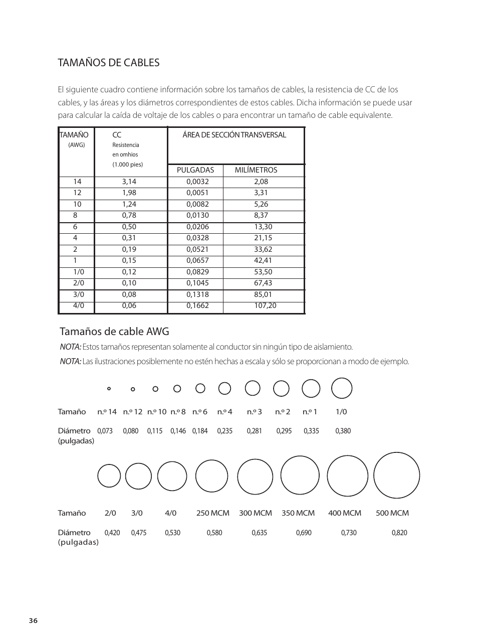 Tamaños de cables, Tamaños de cable awg | Outback Power Systems GVFX Series Inverter/Charger Installation Manual User Manual | Page 38 / 88