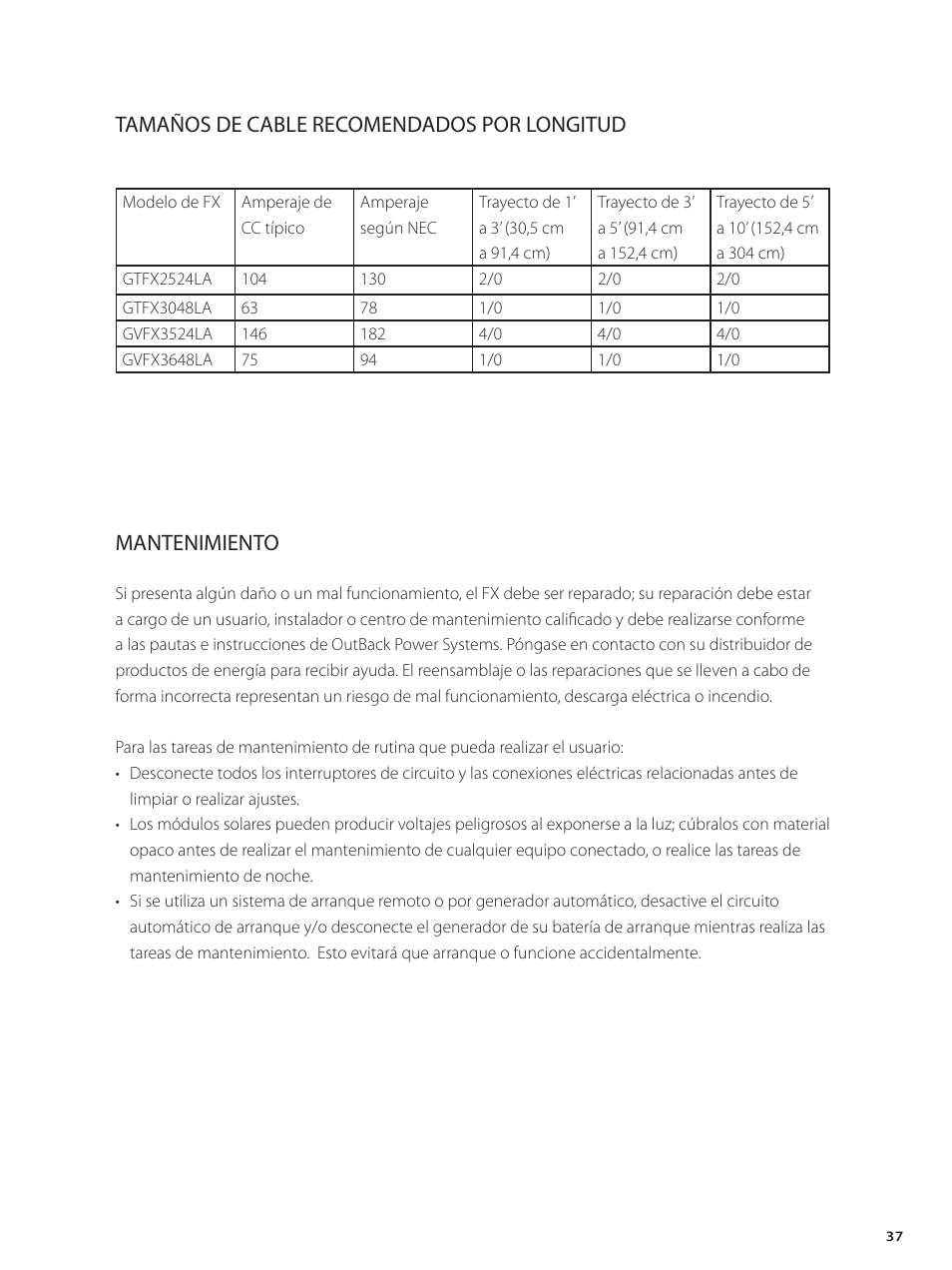 Mantenimiento, Tamaños de cable recomendados por longitud | Outback Power Systems GVFX Series Inverter/Charger Installation Manual User Manual | Page 39 / 88