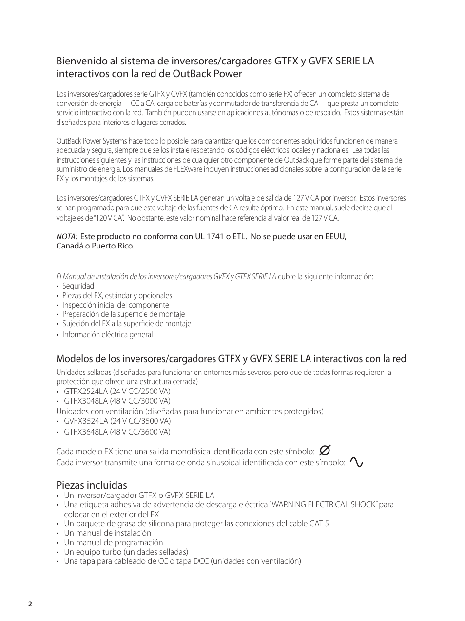 Piezas incluidas | Outback Power Systems GVFX Series Inverter/Charger Installation Manual User Manual | Page 4 / 88