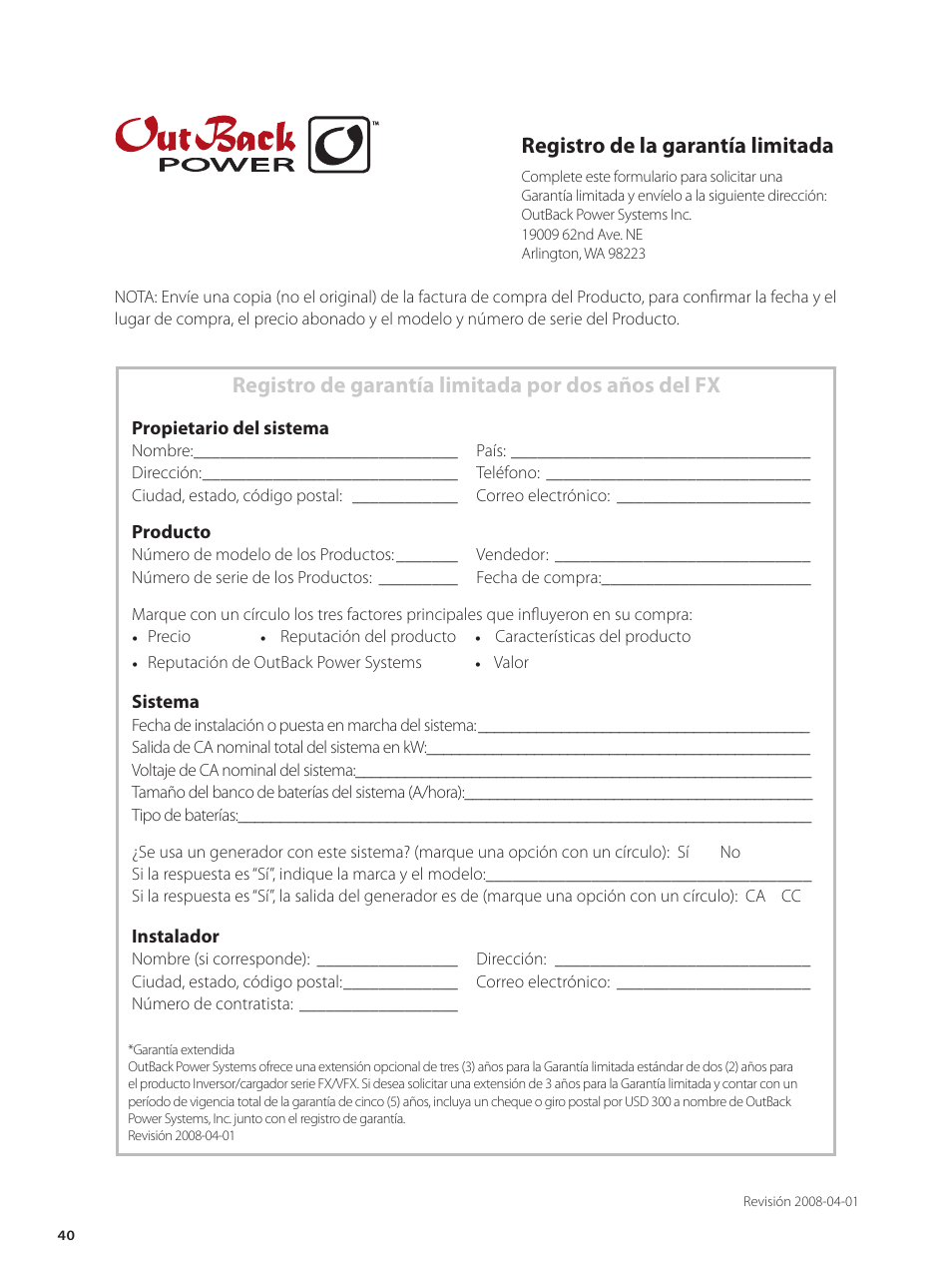 Registro de la garantía limitada, Registro de garantía limitada por dos años del fx | Outback Power Systems GVFX Series Inverter/Charger Installation Manual User Manual | Page 42 / 88