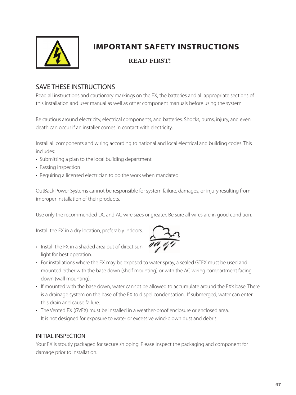 Important safety instructions, Save these instructions, R ea d fir st | Outback Power Systems GVFX Series Inverter/Charger Installation Manual User Manual | Page 49 / 88