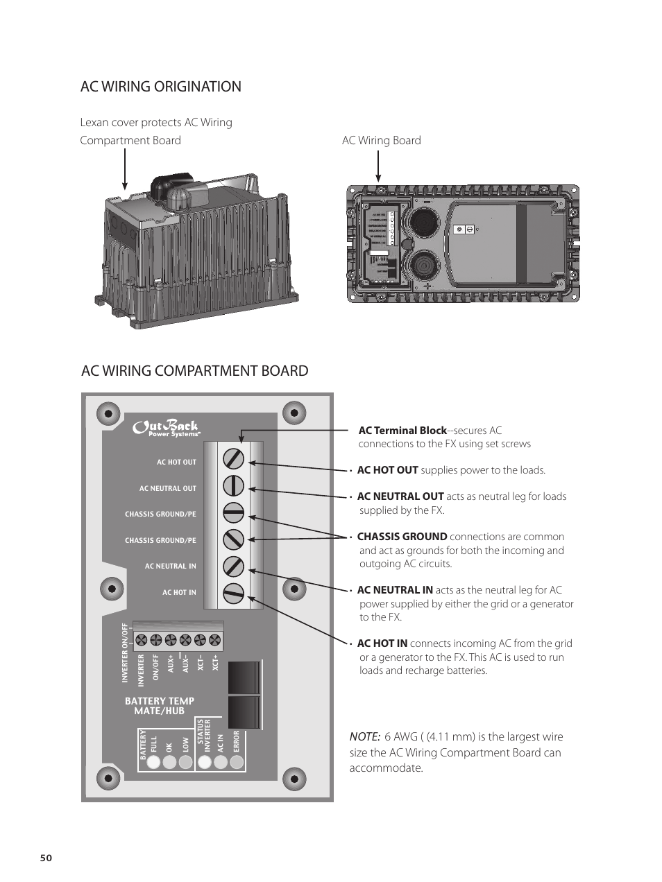 Ac wiring origination, Ac wiring compartment board, Lexan cover protects ac wiring compartment board | Ac wiring board | Outback Power Systems GVFX Series Inverter/Charger Installation Manual User Manual | Page 52 / 88
