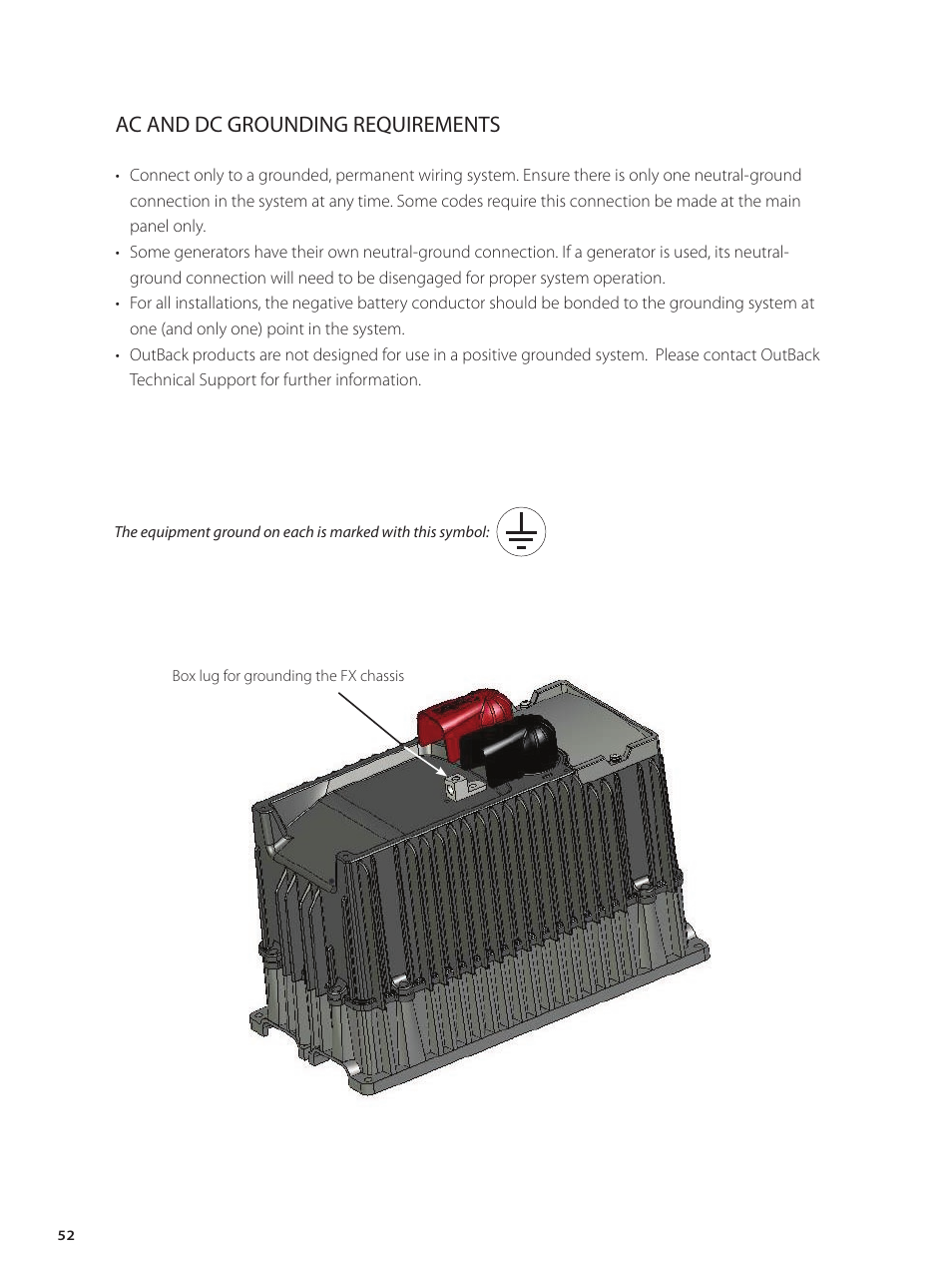 Ac and dc grounding requirements | Outback Power Systems GVFX Series Inverter/Charger Installation Manual User Manual | Page 54 / 88