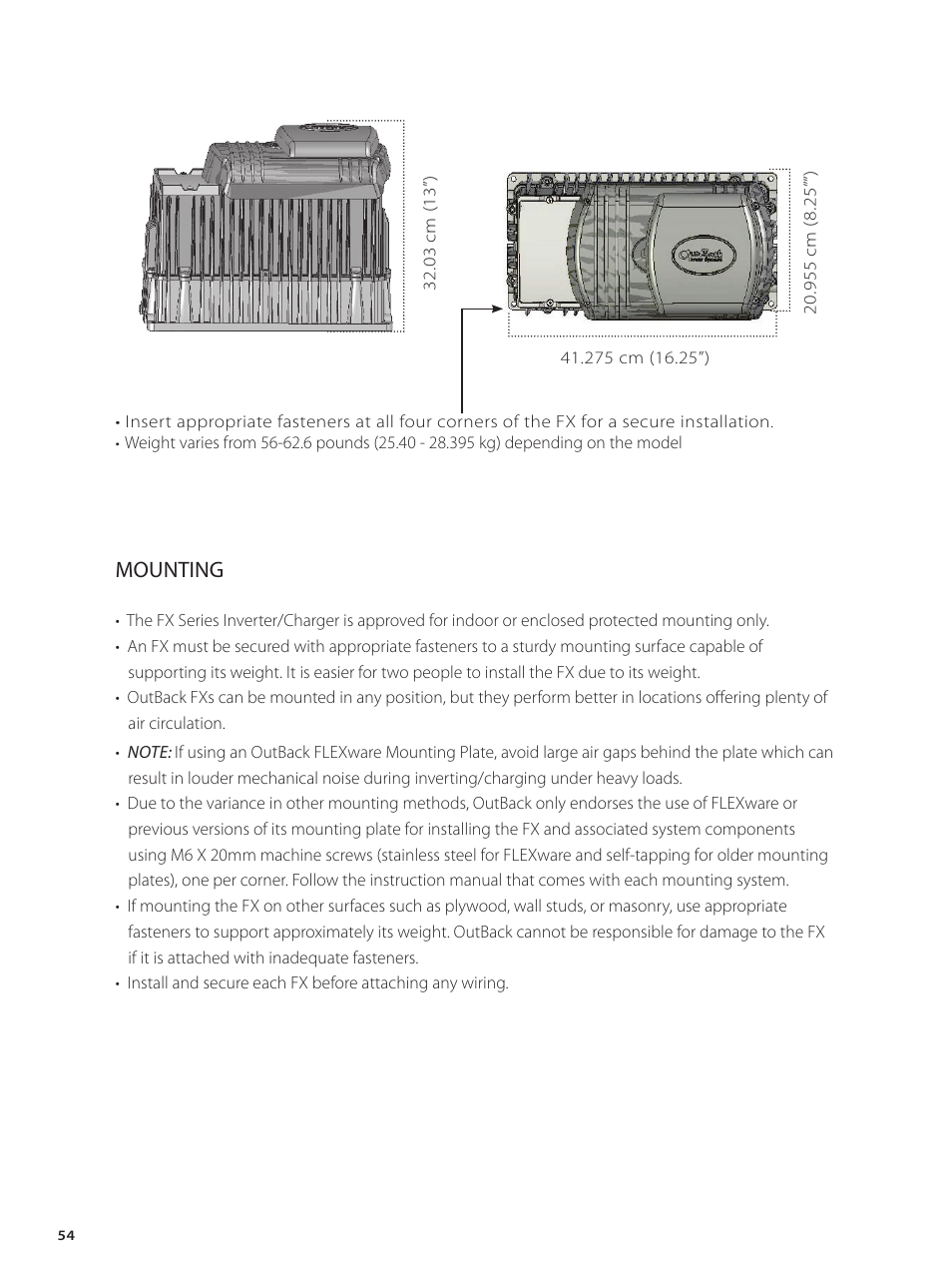 Mounting | Outback Power Systems GVFX Series Inverter/Charger Installation Manual User Manual | Page 56 / 88