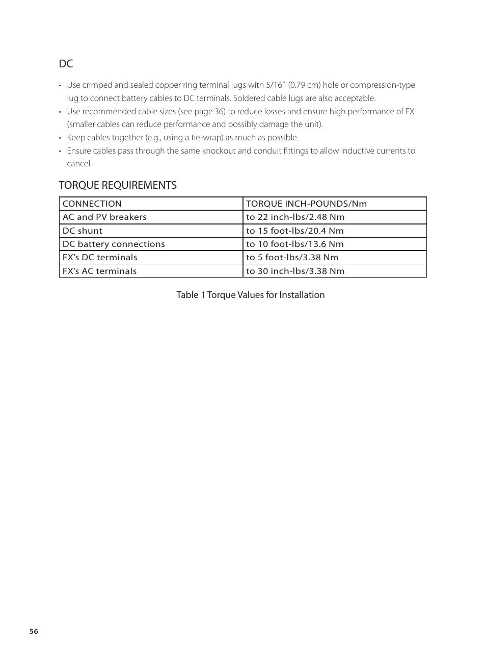 Torque requirements | Outback Power Systems GVFX Series Inverter/Charger Installation Manual User Manual | Page 58 / 88