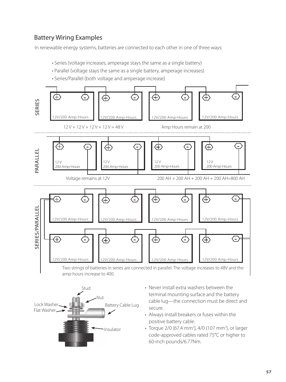 Battery wiring examples | Outback Power Systems GVFX Series Inverter/Charger Installation Manual User Manual | Page 59 / 88