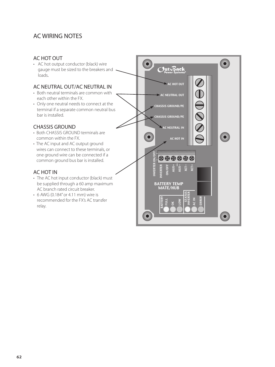 Ac hot out, Ac neutral out/ac neutral in, Chassis ground | Ac hot in | Outback Power Systems GVFX Series Inverter/Charger Installation Manual User Manual | Page 64 / 88