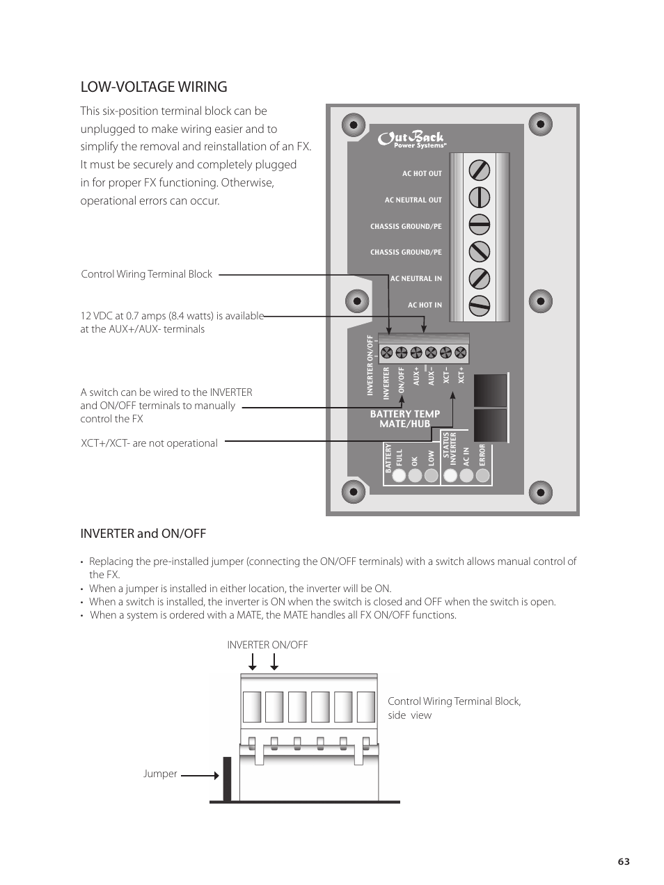 Low-voltage wiring, Inverter and on/off, Control wiring terminal block | Outback Power Systems GVFX Series Inverter/Charger Installation Manual User Manual | Page 65 / 88