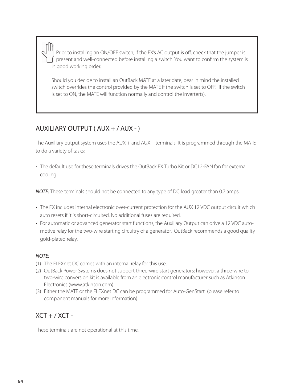 Auxiliary output ( aux + / aux - ), Xct + / xct | Outback Power Systems GVFX Series Inverter/Charger Installation Manual User Manual | Page 66 / 88